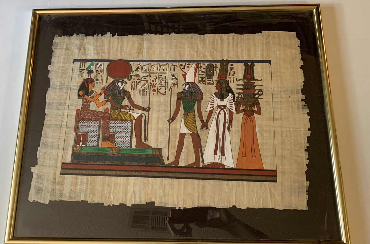 Photo 1 of EGYPTIAN PAPYRUS ORIGINAL “HORUS GROUP HATHOR RA QUEEN NEFERTITI ”28” X 23”