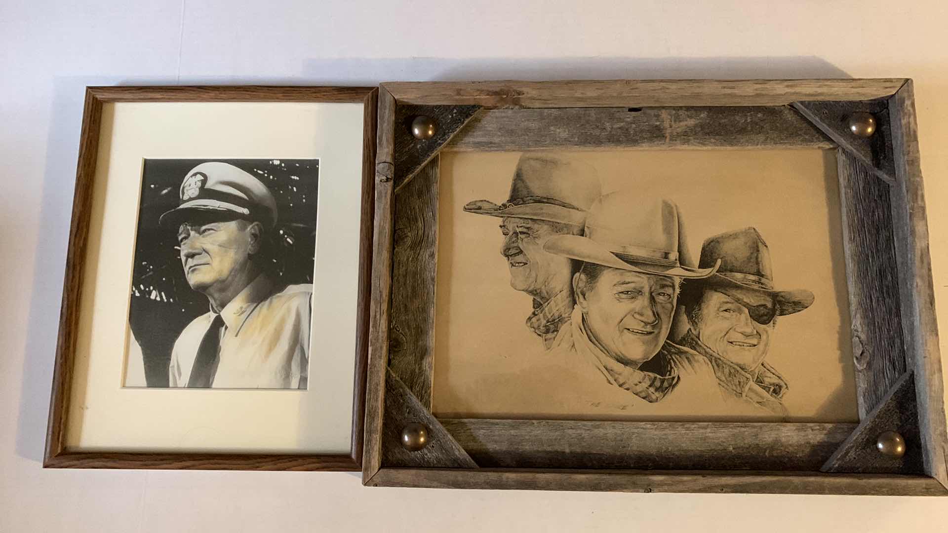 Photo 1 of JOHN WAYNE “THE DUKE” PENCIL SKETCH BY RICK BARKDOLL 20” X 15” AND NAVY PHOTO