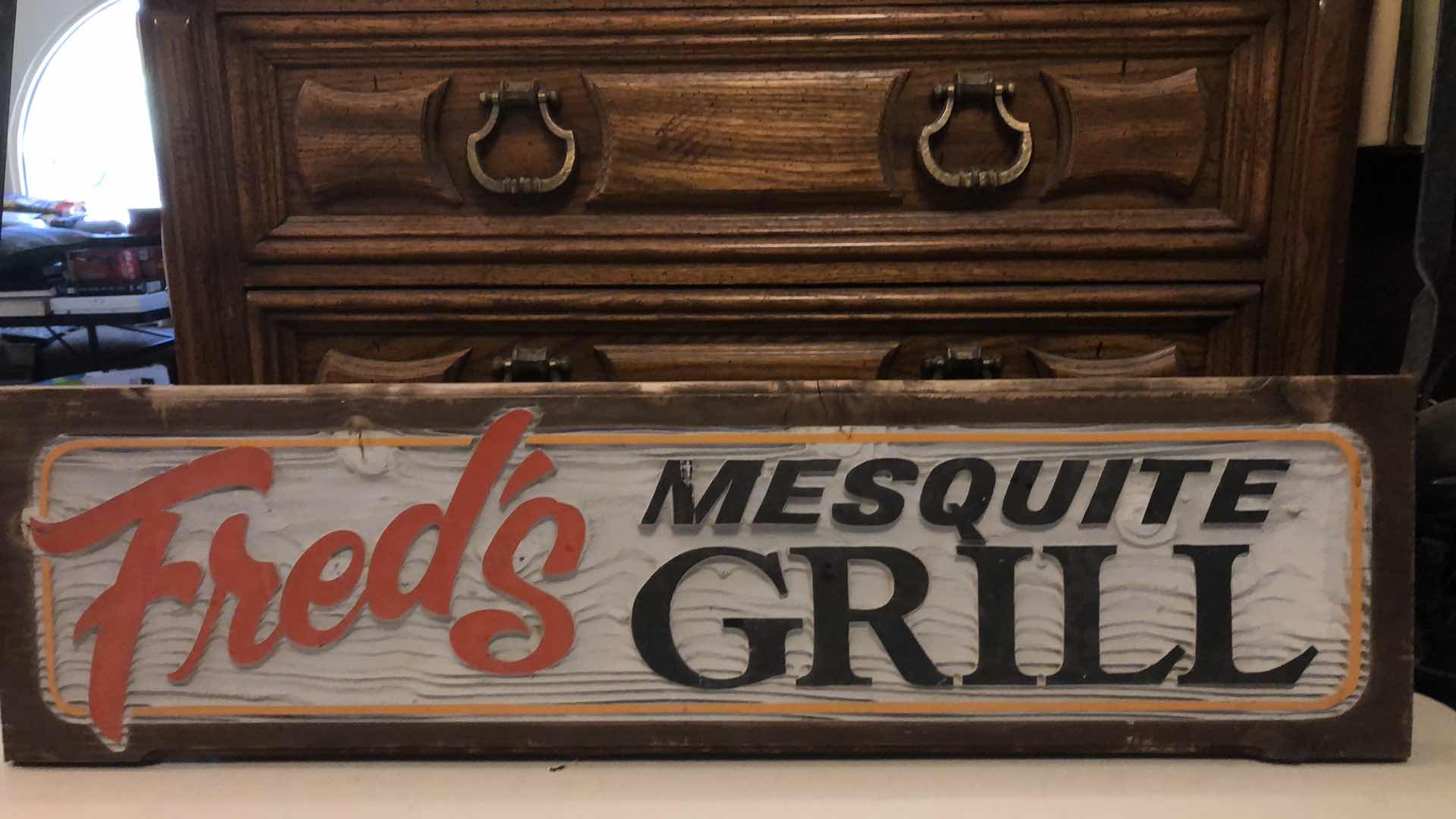 Photo 1 of FRED’S MESQUITE GRILL HANGING SIGN 40” X 11”