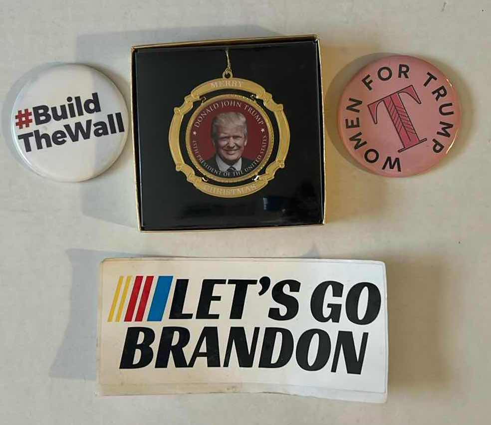 Photo 1 of POLITICAL MEMORABILIA, STICKER, PINS AND PRESIDENT TRUMP CHRISTMAS ORNAMENT