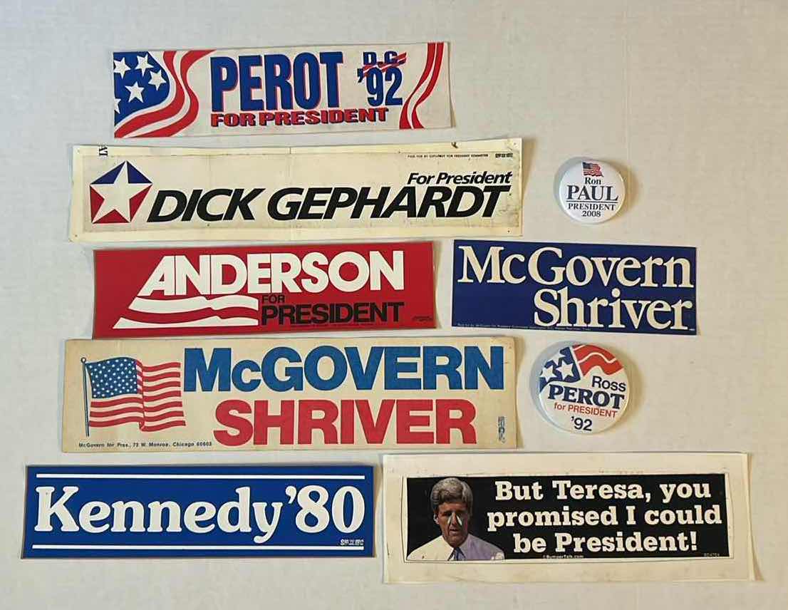 Photo 1 of ASSORTED VINTAGE PRESIDENTIAL BUMPER STICKERS AND PINS