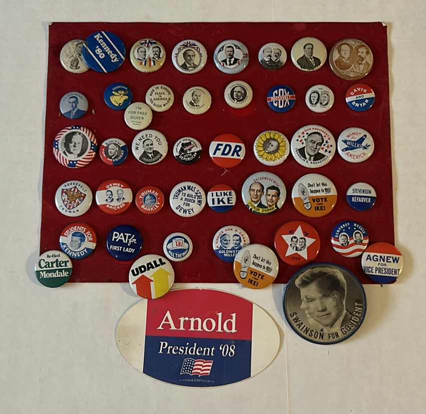 Photo 1 of ASSORTMENT OF PATRIOTIC, PRESIDENTIAL AND POLITICAL BUTTON PINS