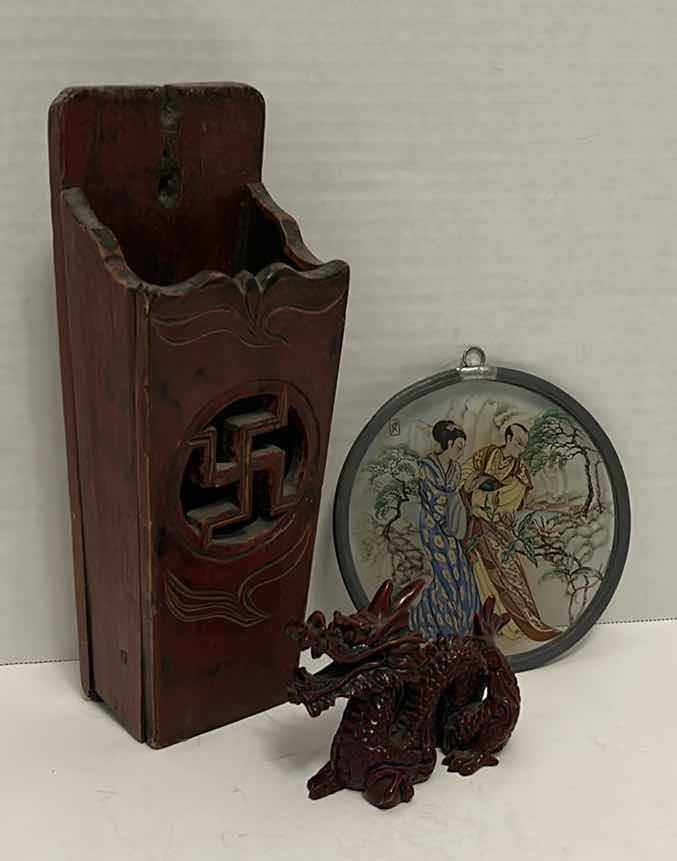 Photo 1 of ASIAN DECOR, VINTAGE CHOPSTICK HOLDER, BURGUNDY CHINESE DRAGON, VINTAGE CHINESE HAND-PAINTED GLASS