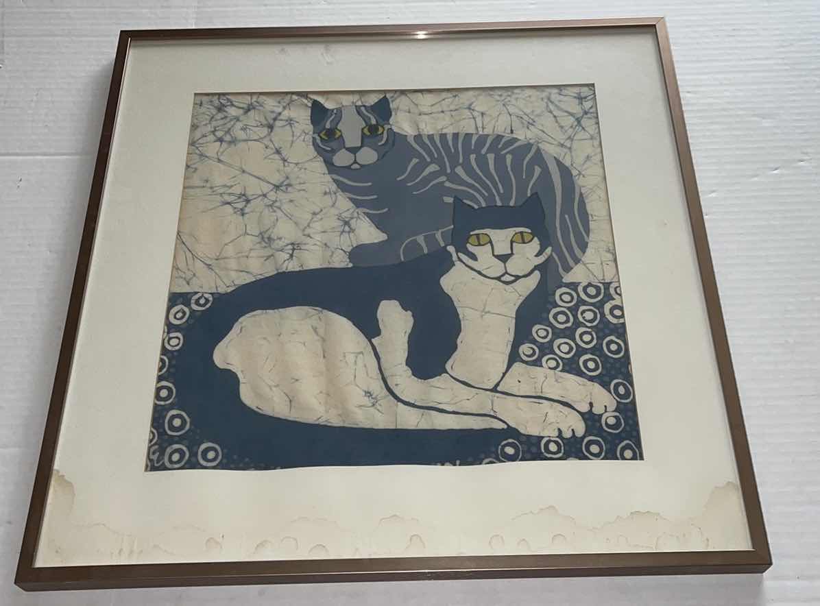 Photo 1 of FRAMED VINTAGE JAPANESE FABRIC PRINT ARTWORK BLUE CATS 22 ”X 22”