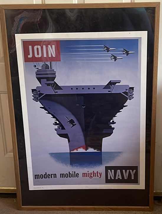 Photo 2 of FRAMED VINTAGE WWII POSTER “AIRCRAFT CARRIER WITH THREE PLANES FLYING OVERHEAD" JOHN PARROT 25”x37”H