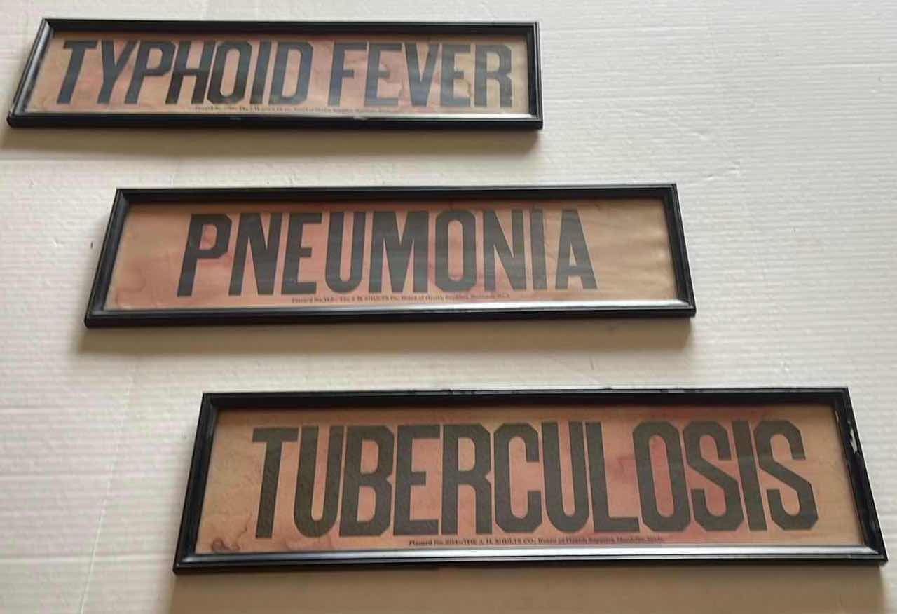 Photo 1 of 3-THE J.H SHULTZ CO., BOARD OF HEALTH SUPPLIES PLACARD PRINT TYPHOID FEVER, PNEUMONIA, TUBERCULOSIS 23” X 6.5”