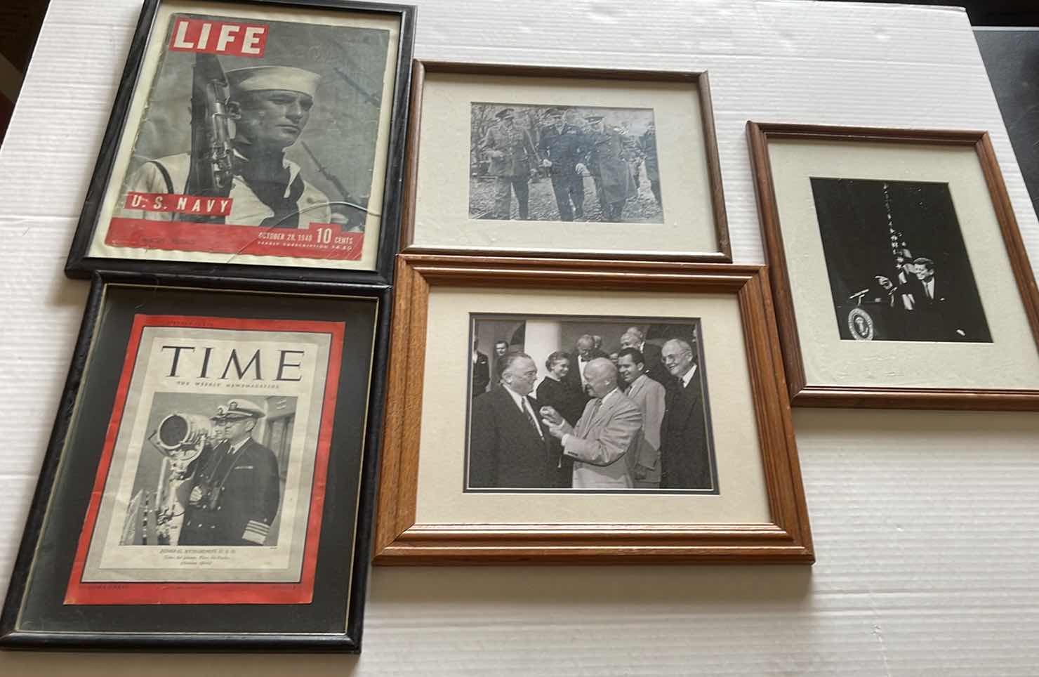 Photo 1 of 5 FRAMED PRINTS:LIFE MAGAZINE US NAVY BOB BILLS 1940 COVER, TIME MAGAZINE ADMIRAL RICHARDSON 1940 COVER, WW2 EISENHOWER PRINT, JOHN KENNEDY 16”x13”