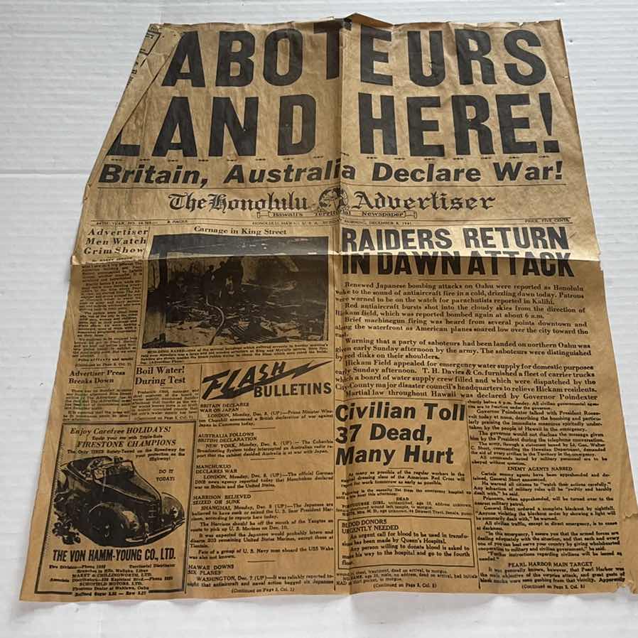 Photo 1 of ANTIQUE THE HONOLULU ADVISOR NEWSPAPER PRINT MONDAY MORNING DECEMBER 8, 1941