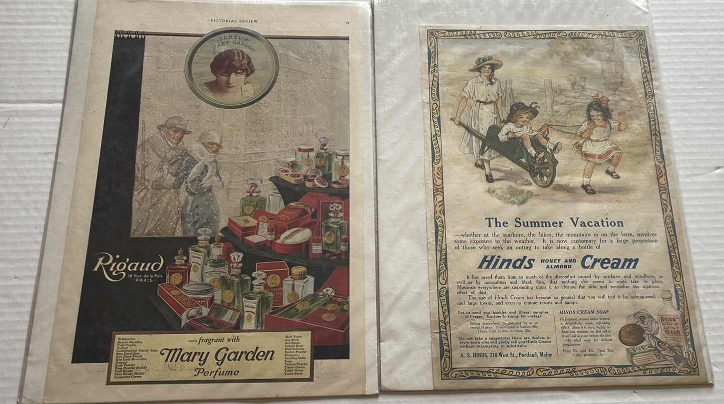 Photo 1 of 2-ANTIQUE PRINTS 1917 RIGAUD MARY GARDEN PERFUME AD 1917 AND HINDS HAND CREAM 1916 AD 11” X 14.5”