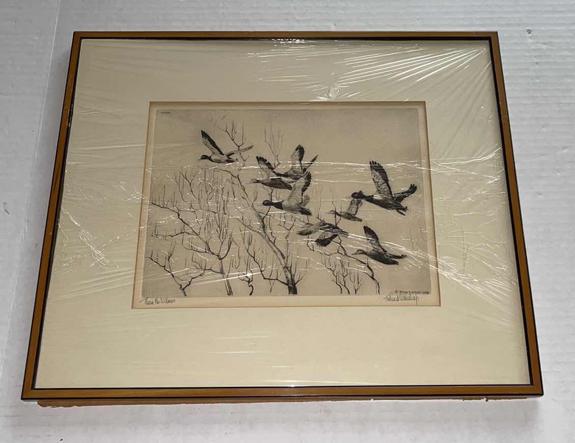 Photo 1 of ANTIQUE PRINT SIGNED E. BISHOP “THROUGH THE WILLOWS” 1936 FRAMED ETCHING 17”  X 14.5”