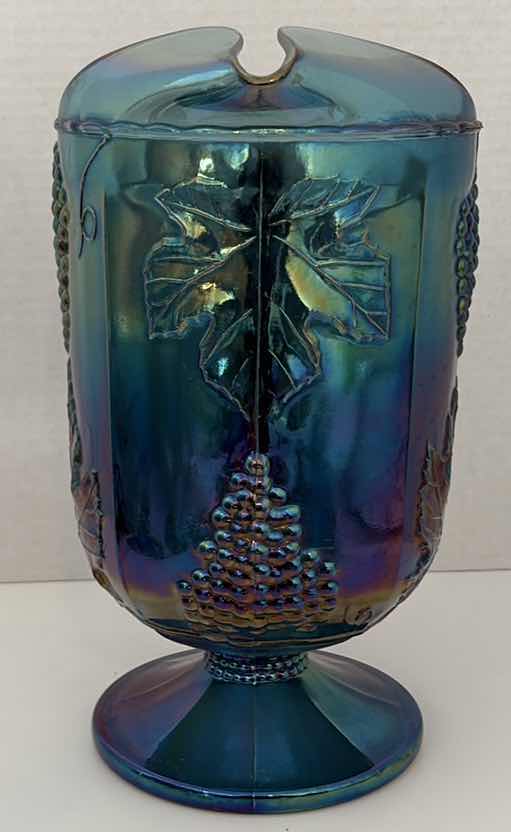 Photo 1 of $150 VINTAGE CARNIVAL BLUE IRIDESCENT GLASS WATER PITCHER H10”
