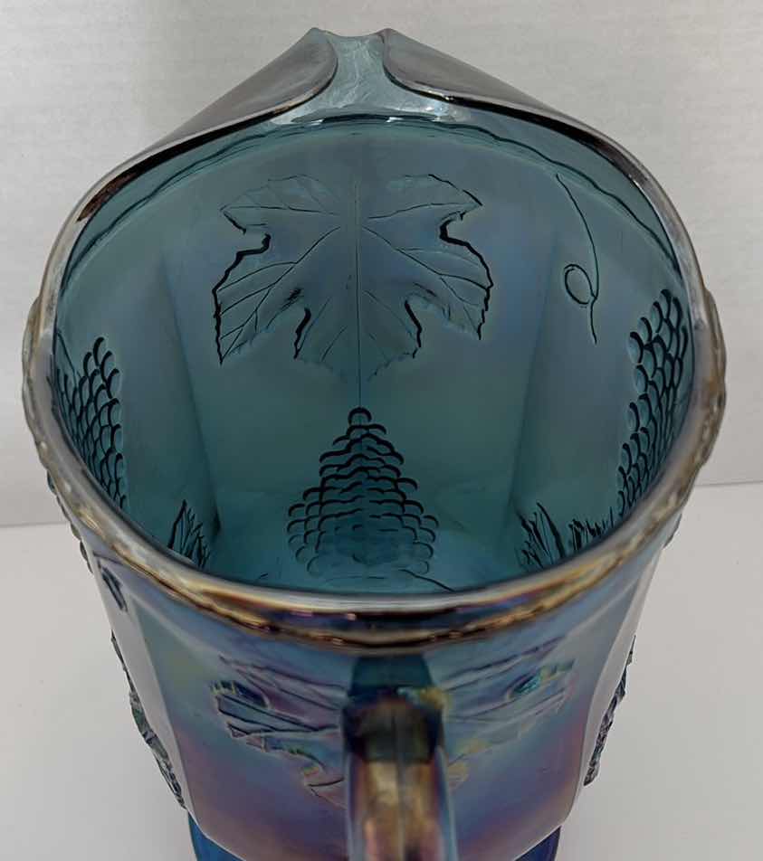 Photo 1 of $150 VINTAGE CARNIVAL BLUE IRIDESCENT GLASS WATER PITCHER H10”