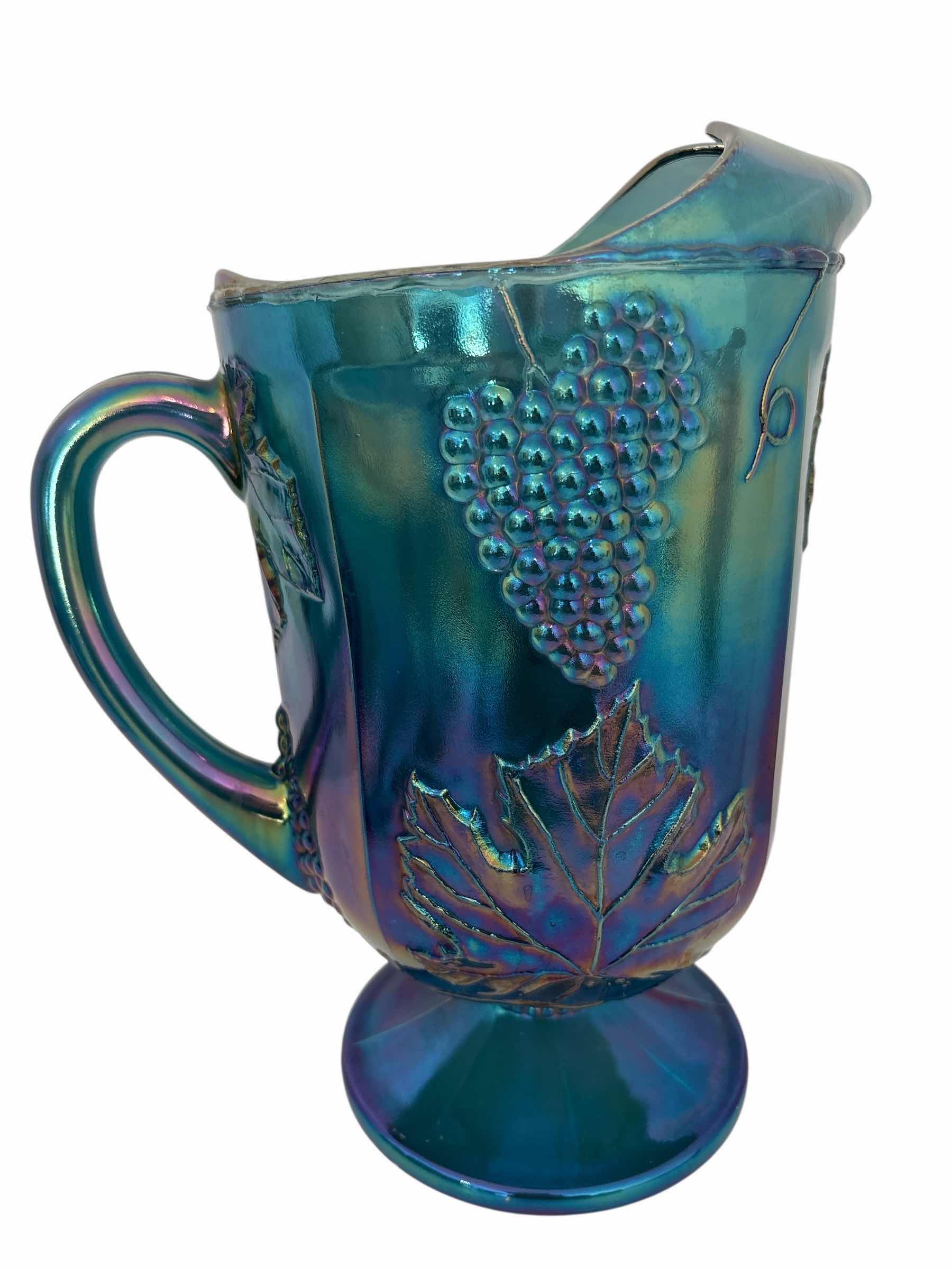 Photo 1 of $150 VINTAGE CARNIVAL BLUE IRIDESCENT GLASS WATER PITCHER H10”