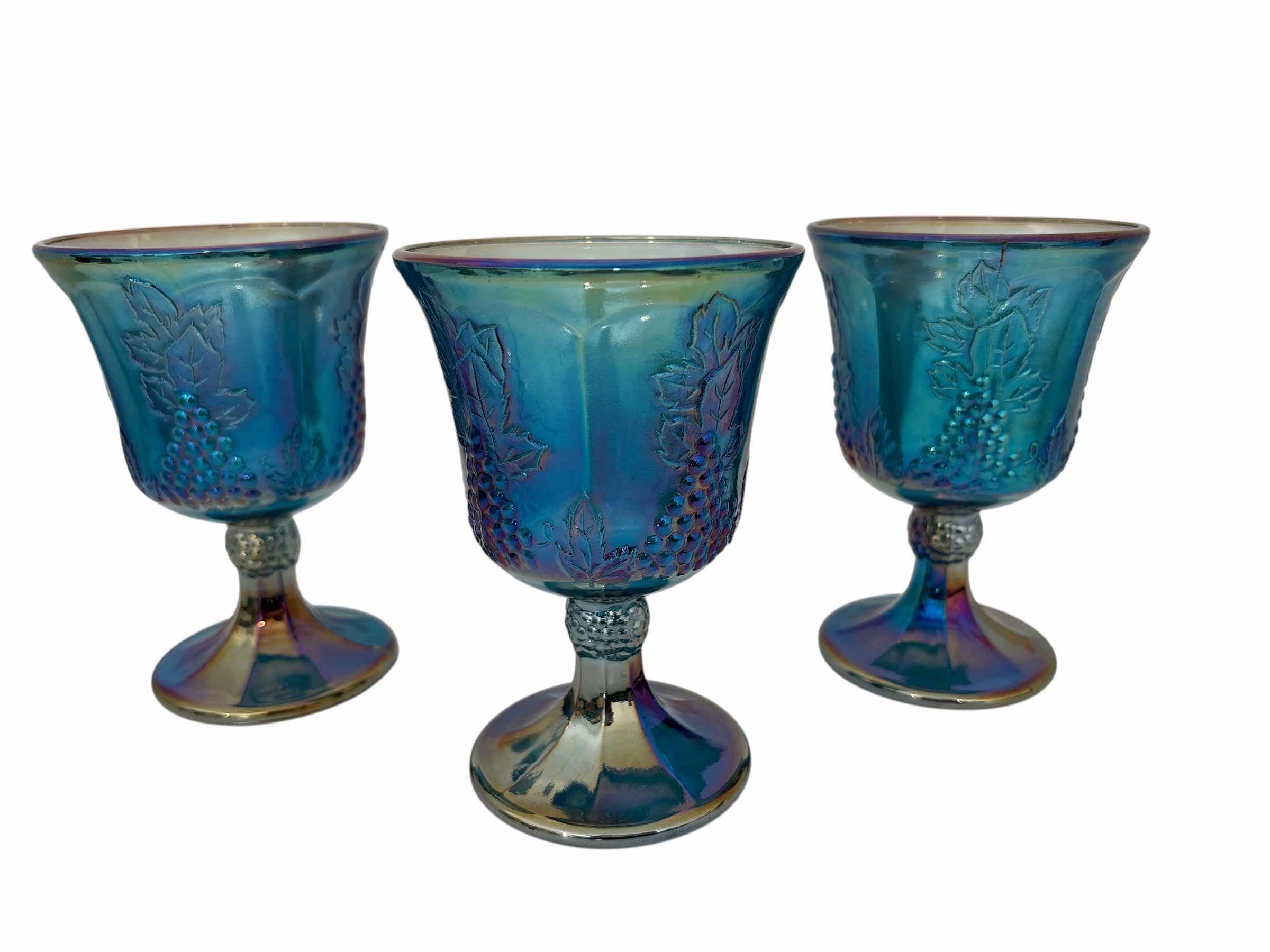 Photo 1 of (3)PCS VINTAGE INDIANA GLASS BLUE IRIDESCENT GOBLET H5.25”