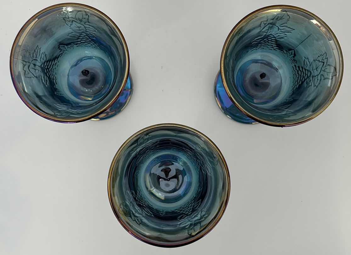 Photo 1 of (3)PCS VINTAGE INDIANA GLASS BLUE IRIDESCENT GOBLET H5.25”