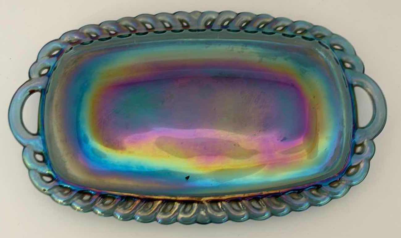 Photo 1 of (3)PCS VINTAGE CARNIVAL IRIDESCENT HARVEST SUGAR, CREAMER, AND TRAY H4”