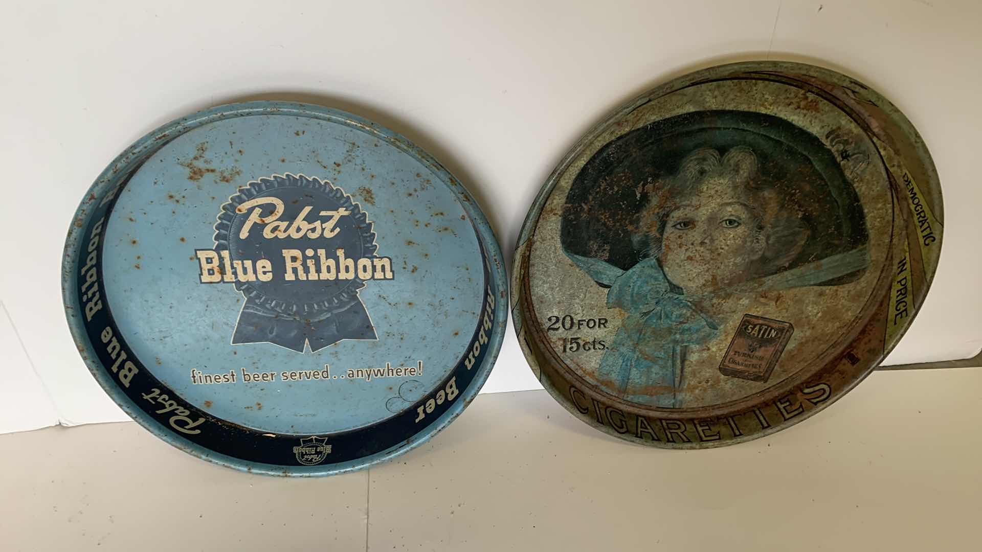 Photo 1 of VINTAGE PABST BLUE RIBBON AND SATIN CIGARETTES BEER TRAYS