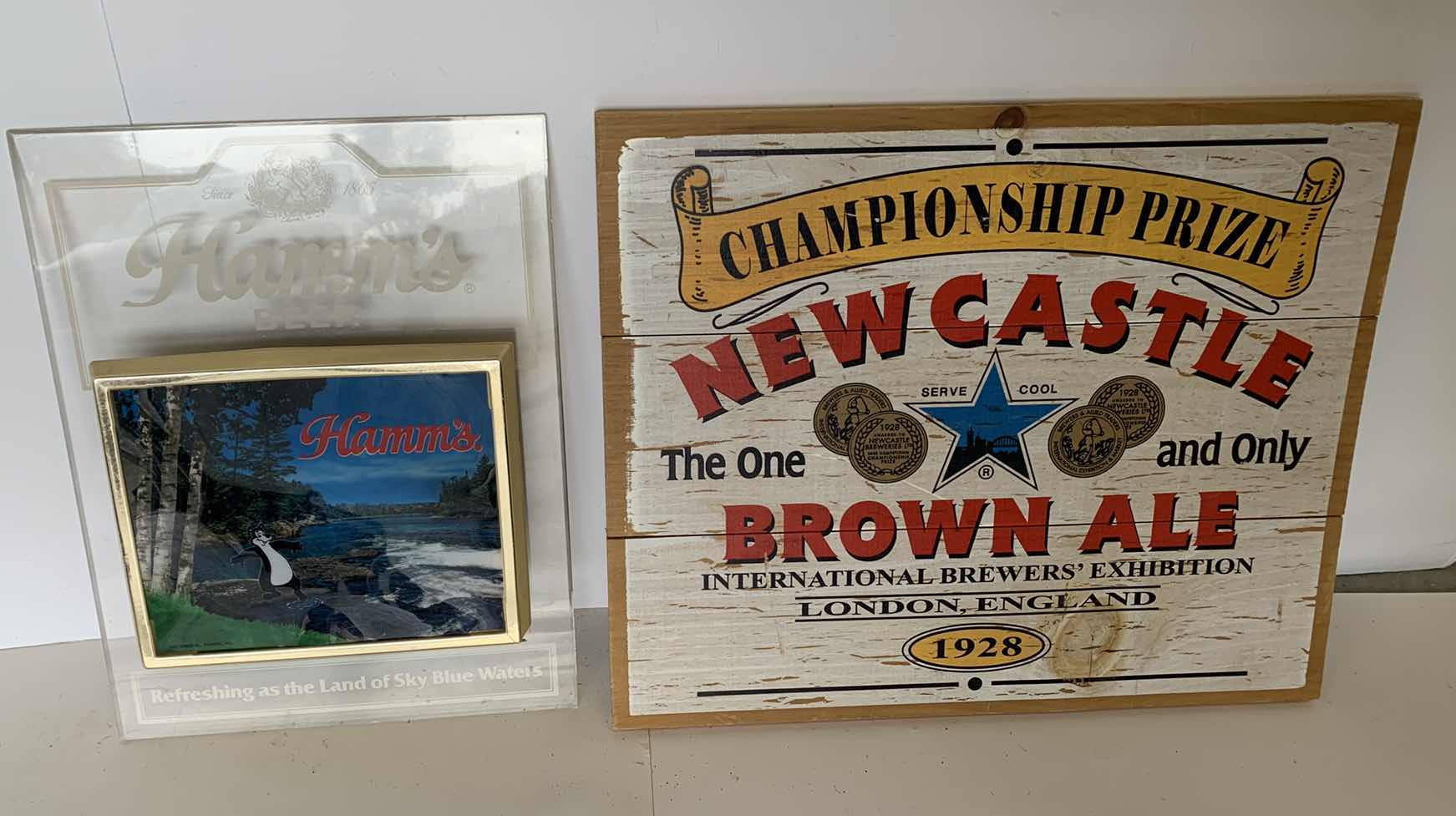 Photo 1 of HAMMS BEER AND WOODEN NEWCASTLE BROWN ALE BAR SIGNS 19” X 16” LARGEST