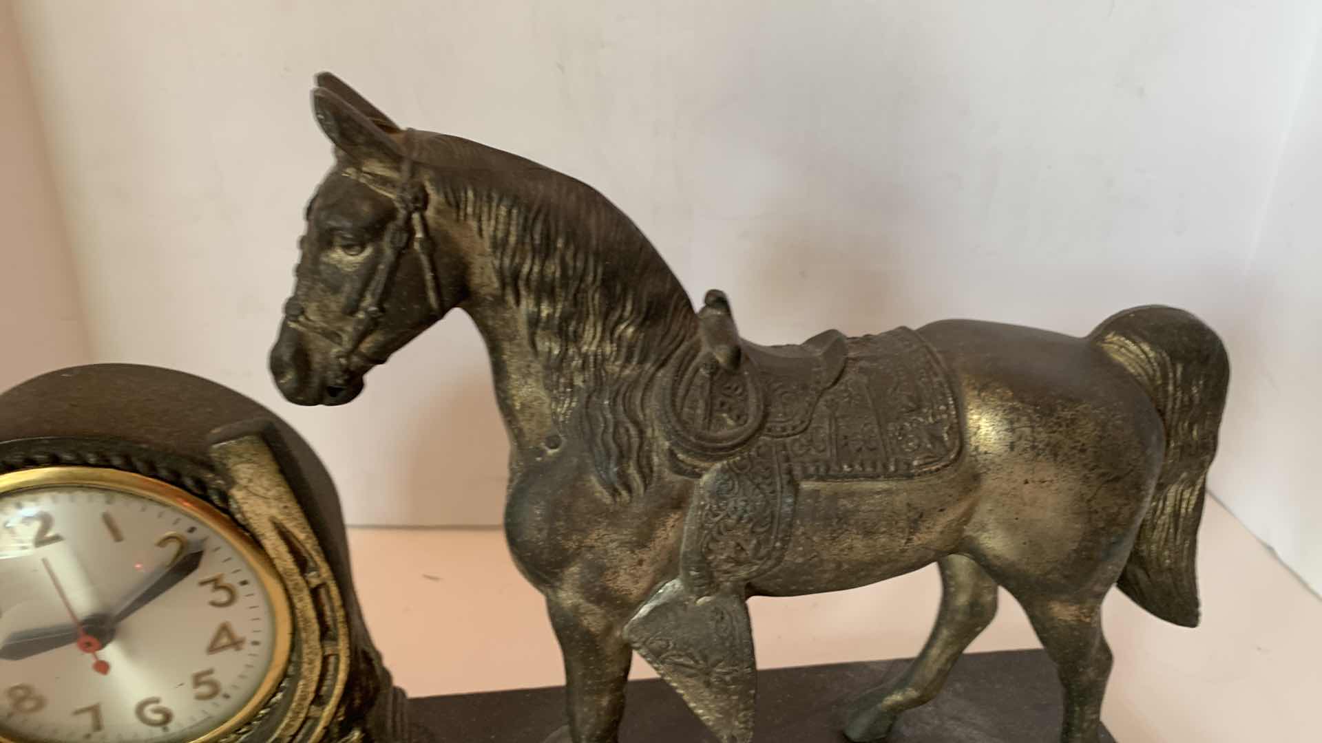 Photo 2 of VINTAGE LANSHIRE BRONZE HORSE AND CLOCK 18” X 12”