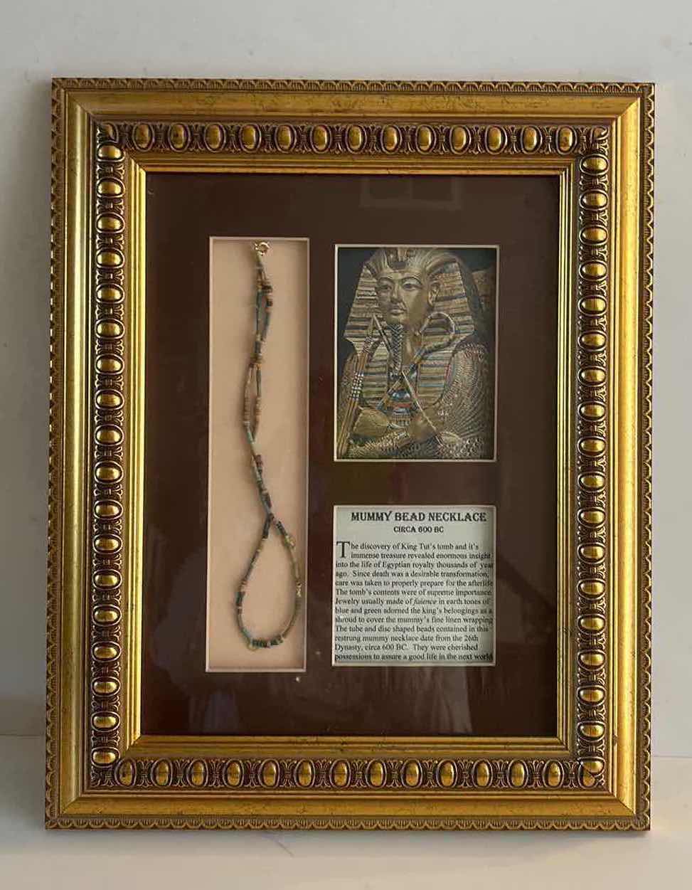 Photo 1 of ANTIQUITY - 26TH DYNASTY MUMMY BEAD NECKLACE CIRCA 600 BC IN GOLDEN FRAMED SHADOW BOX 20” x 16” WITH COA