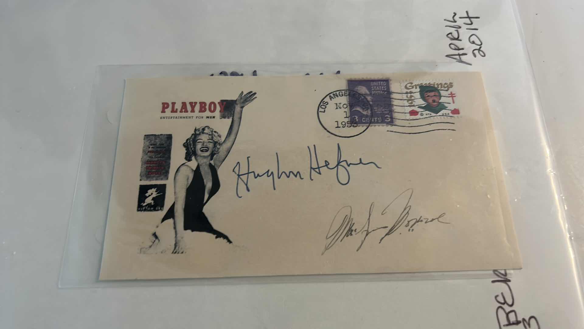 Photo 3 of 1955 ENVELOPE WITH MARILYN MONROE AND HUGH HEFNER SIGNATURES AND 1953 PLAYBOY COVER OF MARILYN MONROE FRAMED 12.25” x 14.25”