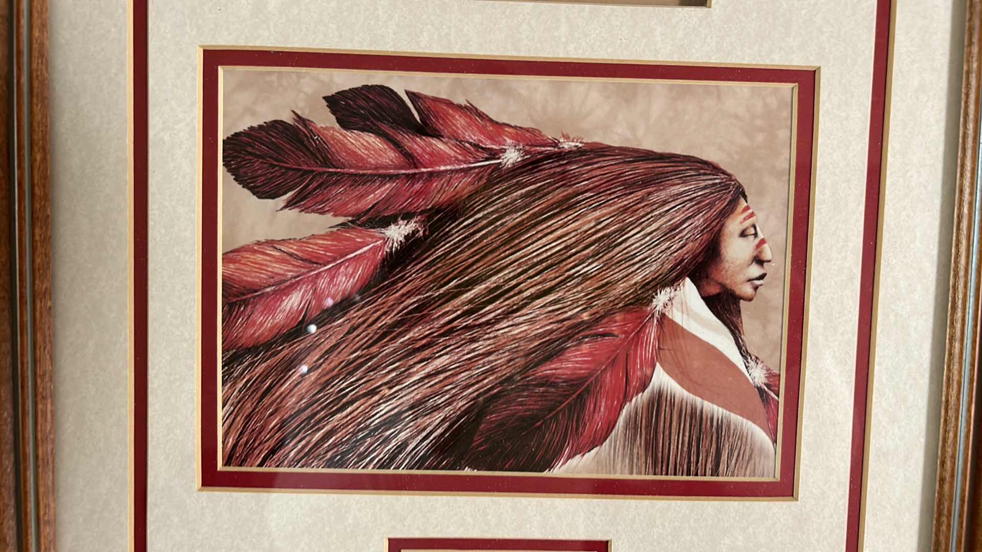 Photo 3 of 2- AMERICAN INDIAN ARTWORK WITH COMMEMORATIVE STAMP AND FEATHER FRAMED 13 1/2 x 16 1/2