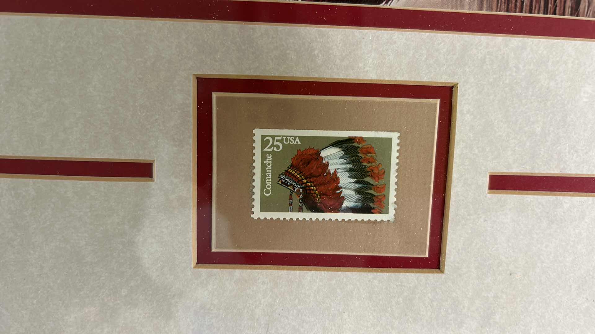 Photo 4 of 2- AMERICAN INDIAN ARTWORK WITH COMMEMORATIVE STAMP AND FEATHER FRAMED 13 1/2 x 16 1/2