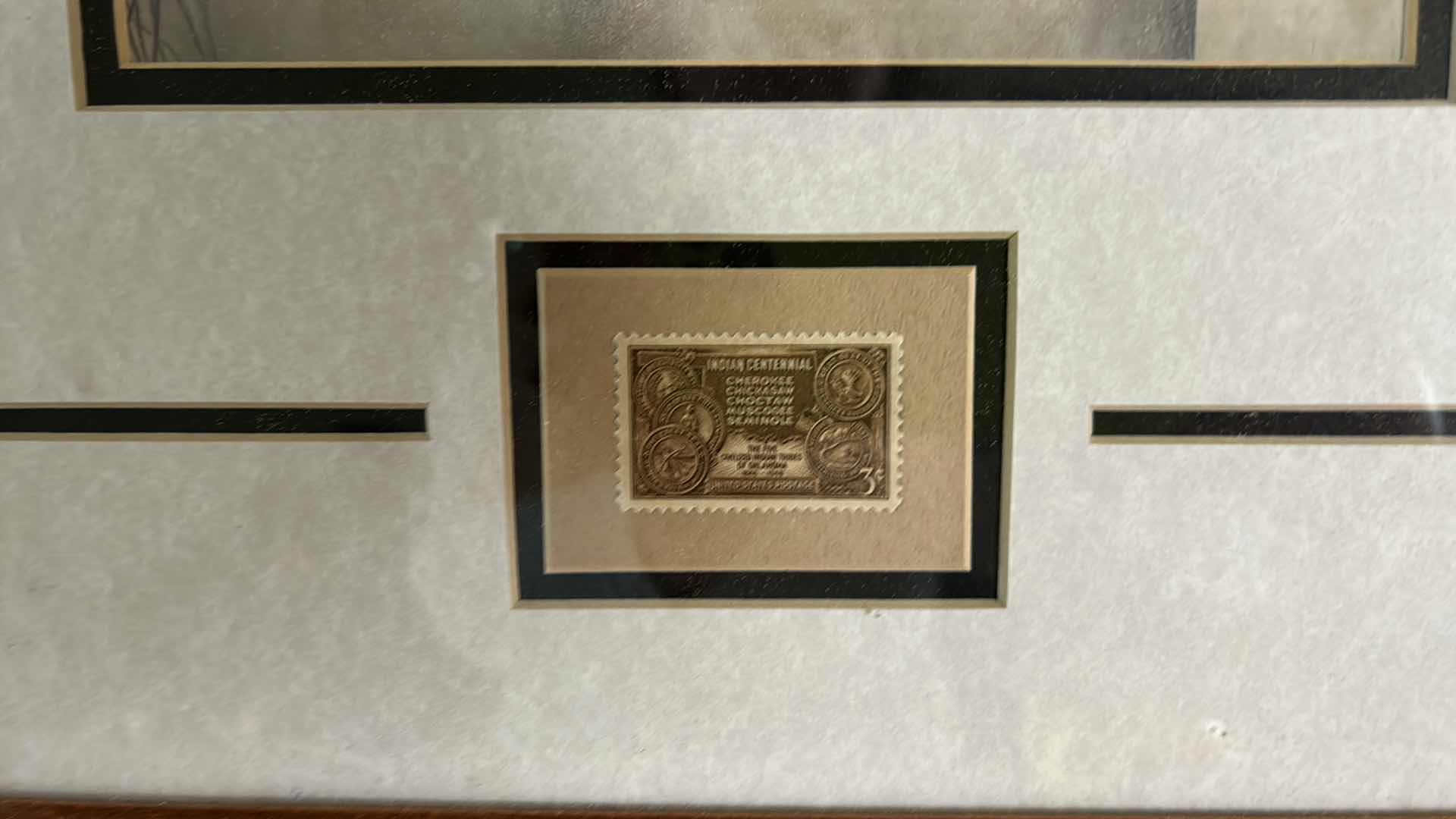 Photo 7 of 2- AMERICAN INDIAN ARTWORK WITH COMMEMORATIVE STAMP AND FEATHER FRAMED 13 1/2 x 16 1/2