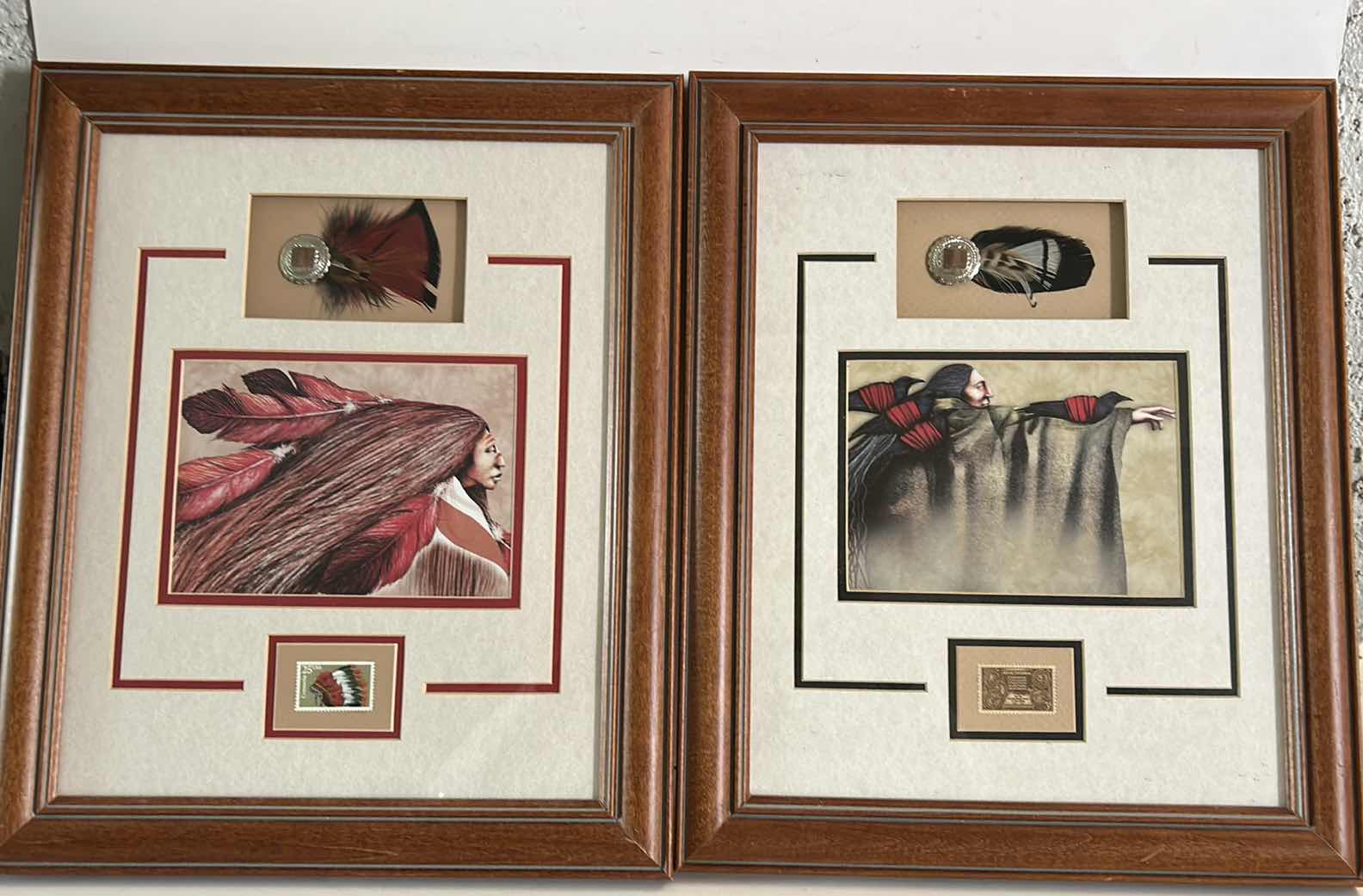 Photo 1 of 2- AMERICAN INDIAN ARTWORK WITH COMMEMORATIVE STAMP AND FEATHER FRAMED 13 1/2 x 16 1/2