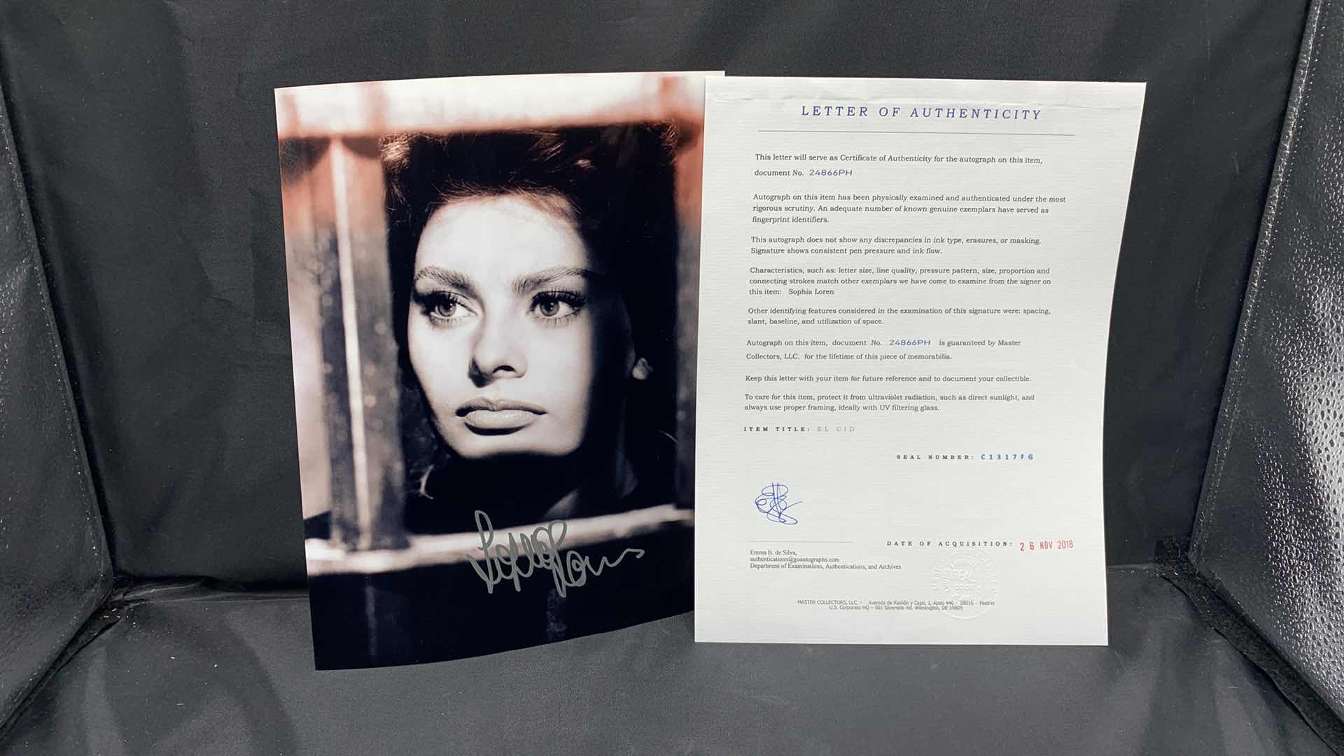 Photo 1 of SOPHIA LOREN - SIGNED AUTOGRAPHED PHOTO W LETTER OF AUTHENTICITY 8” X 10”
