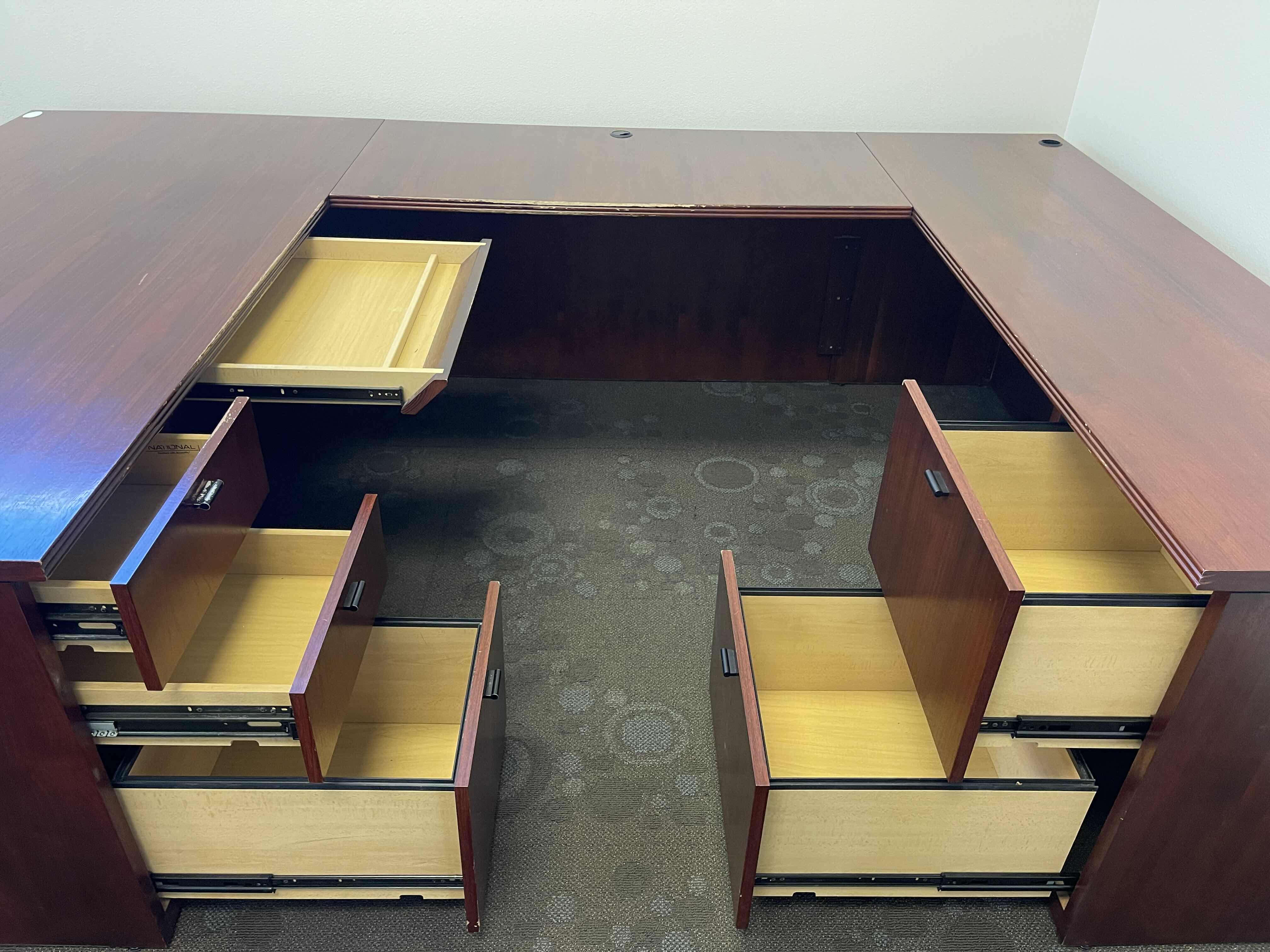 Photo 4 of NATIONAL WOODEN VENEER OFFICE U-DESK WITH DRAWERS DARK CHERRY 72” X 105” X 72” X H29”