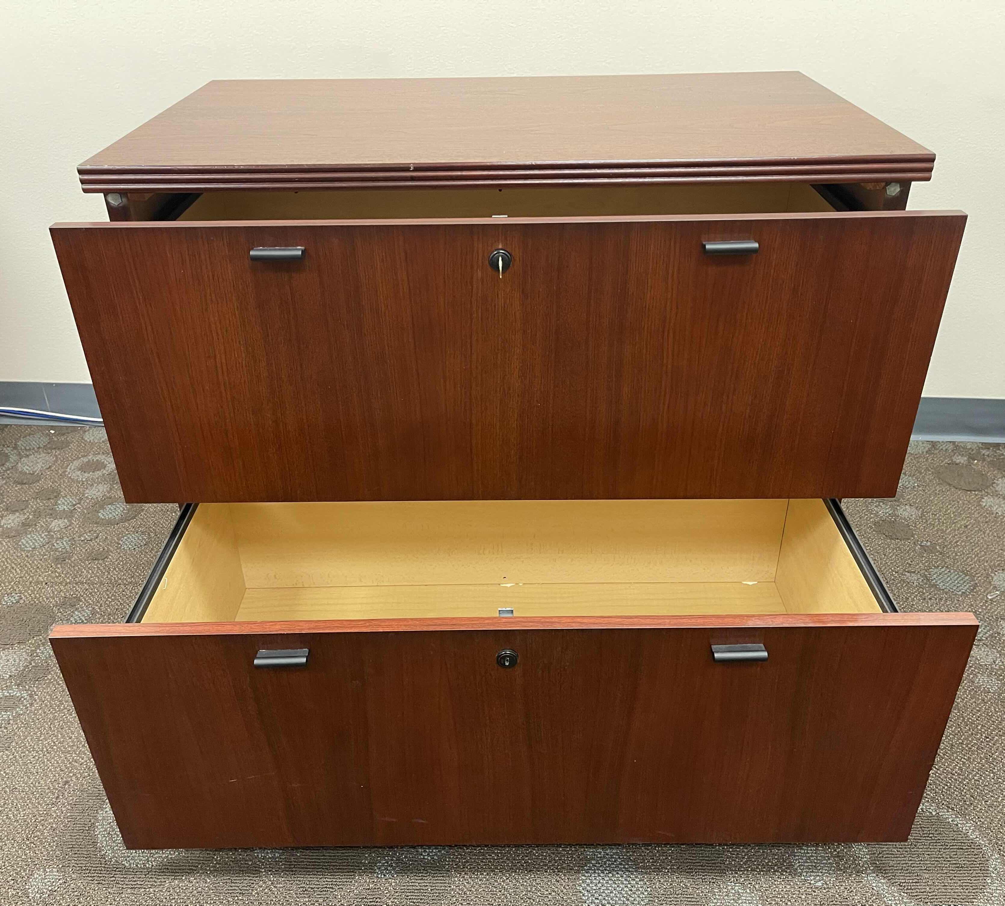 Photo 3 of NATIONAL TWO DRAWER LOCKING WOODEN VEENER FILE CABINET DARK CHERRY 35.5” X 21 X H29”