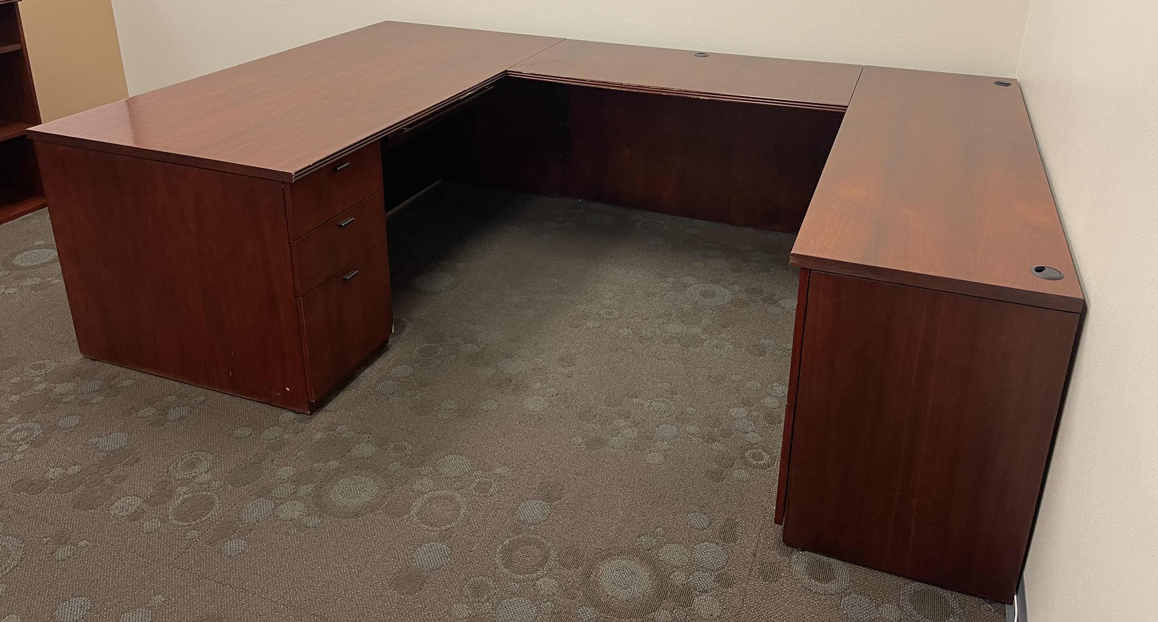 Photo 2 of NATIONAL WOODEN VENEER OFFICE U-DESK WITH DRAWERS DARK CHERRY 72” X 105” X 72” X H29”