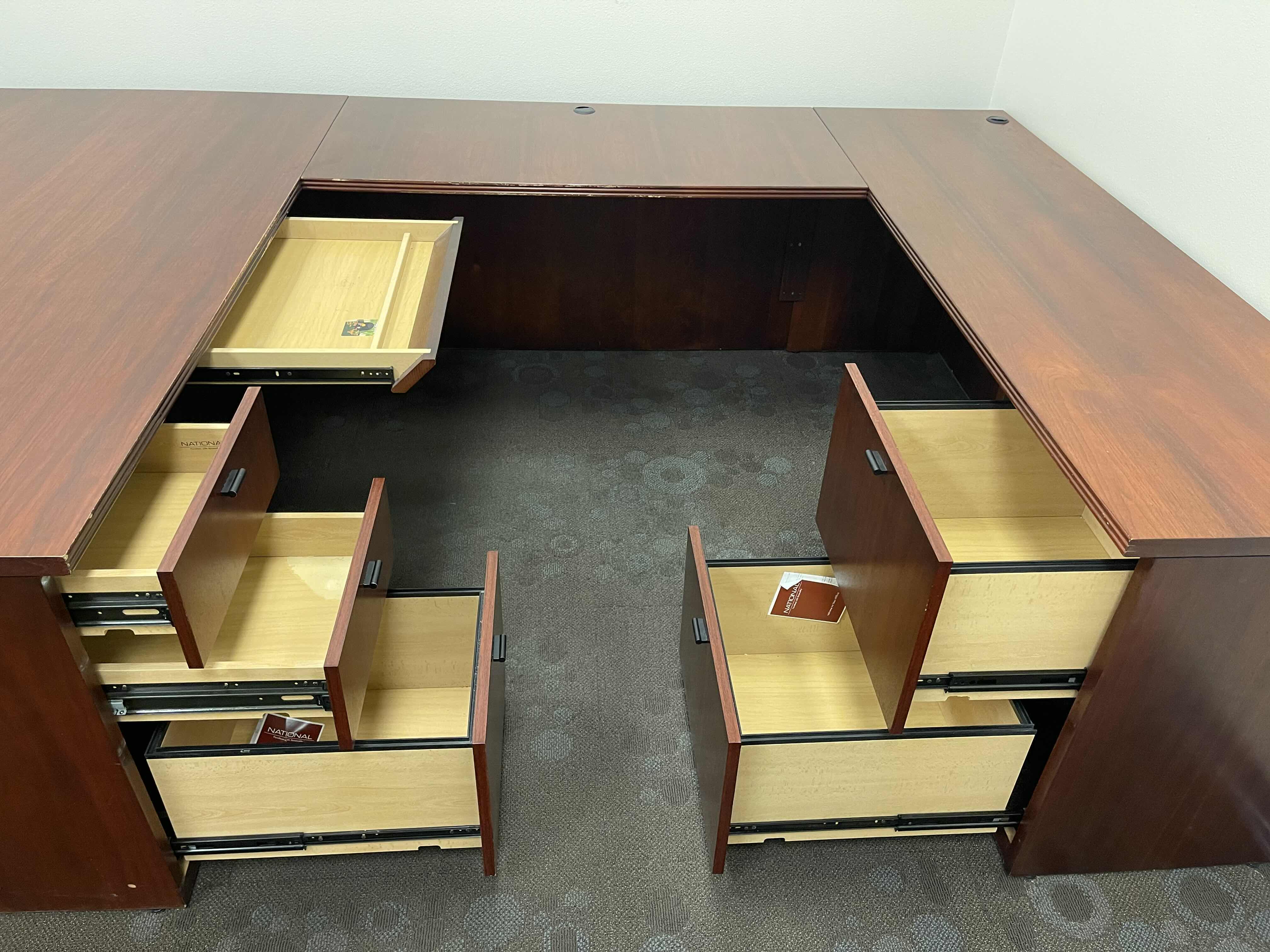 Photo 3 of NATIONAL WOODEN VENEER OFFICE U-DESK WITH DRAWERS DARK CHERRY 72” X 105” X 72” X H29”