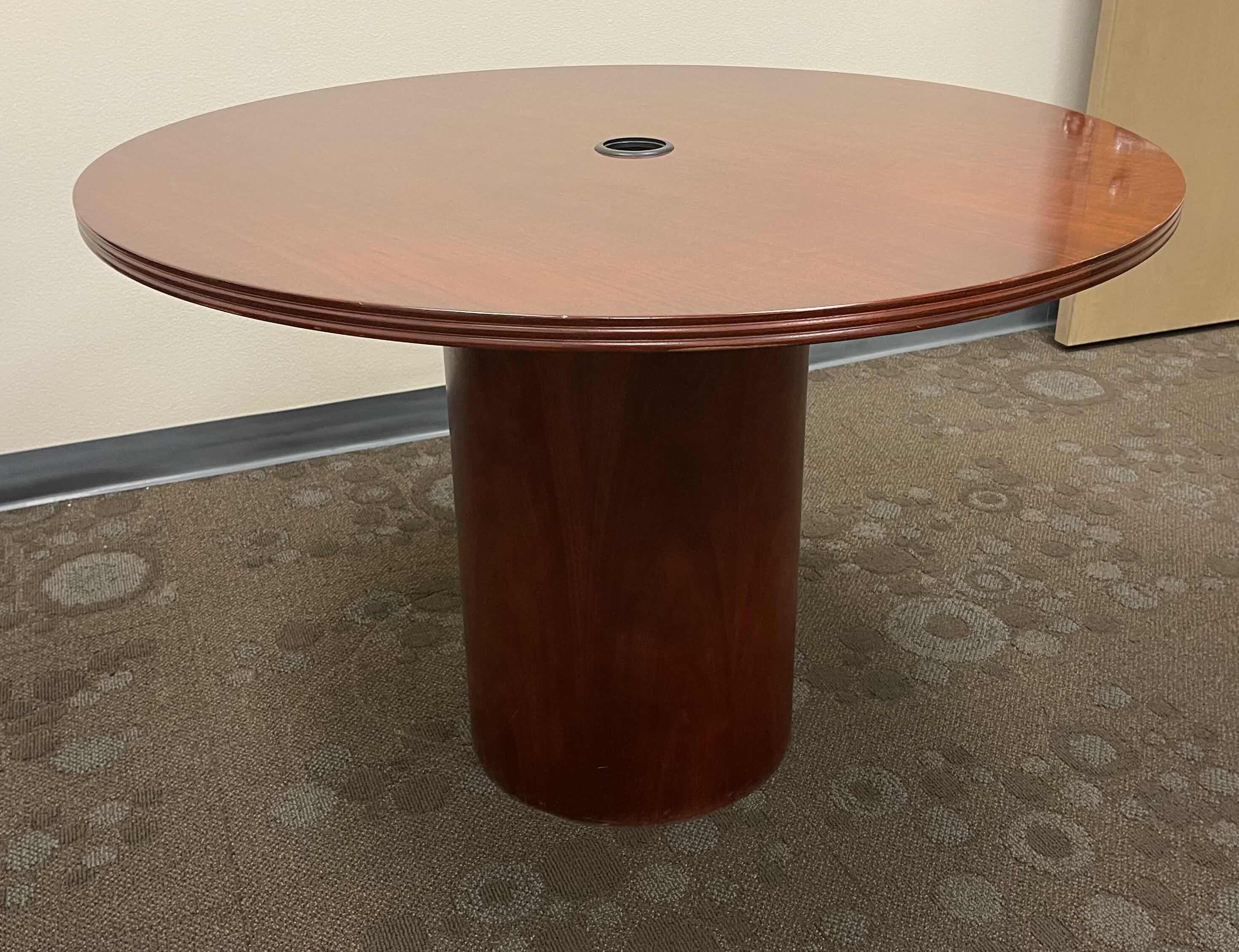 Photo 1 of ROUND WOODEN VEENER PEDESTAL TABLE DARK CHERRY D42” X H28.5”