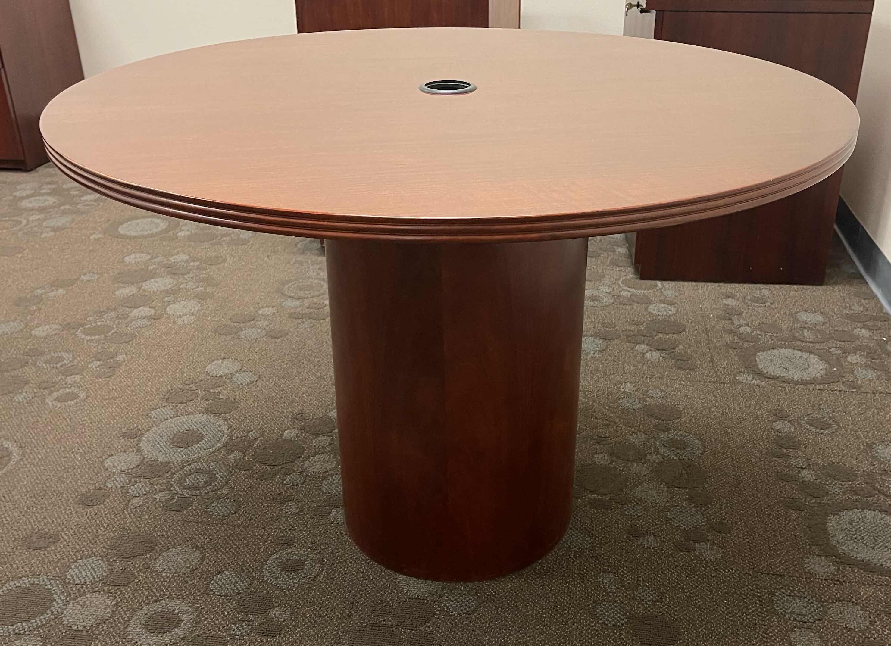 Photo 2 of ROUND WOODEN VEENER PEDESTAL TABLE DARK CHERRY D42” X H28.5”