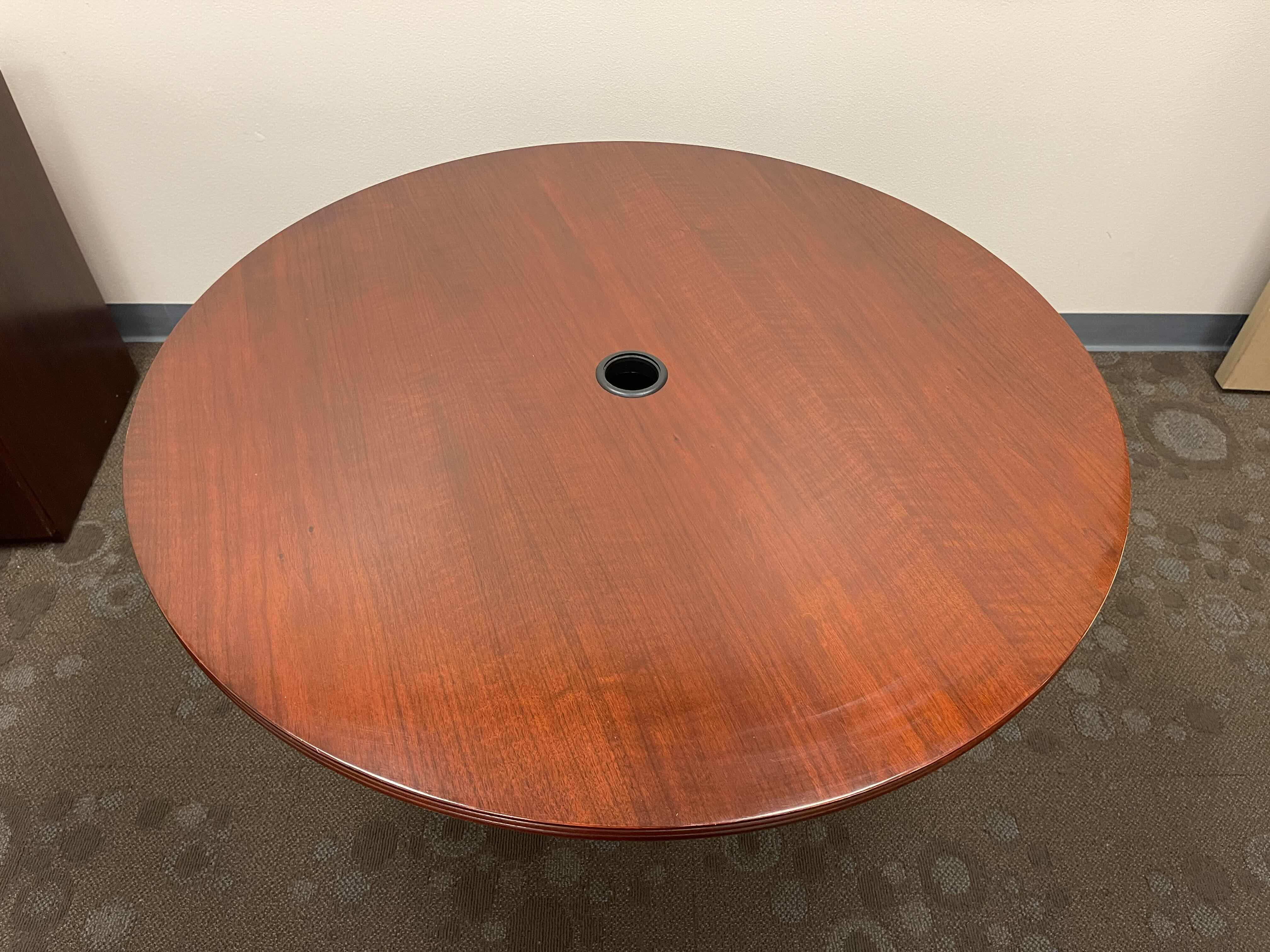 Photo 3 of ROUND WOODEN VEENER PEDESTAL TABLE DARK CHERRY D42” X H28.5”