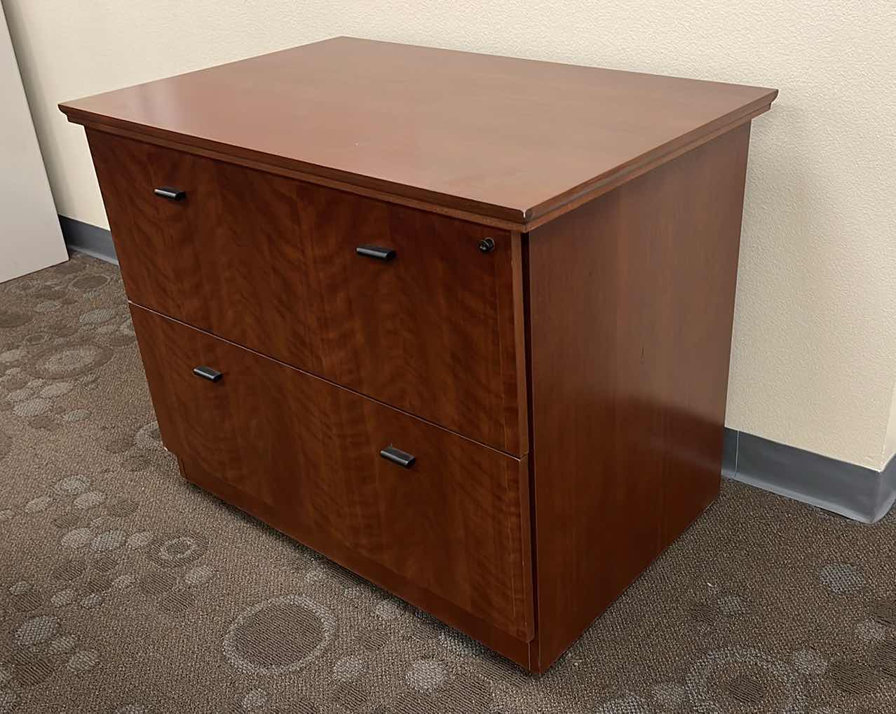 Photo 2 of WOODEN VEENER OFFICE TWO DRAWER LOCKING FILE CABINET DARK CHERRY 36” X 24 X H29”