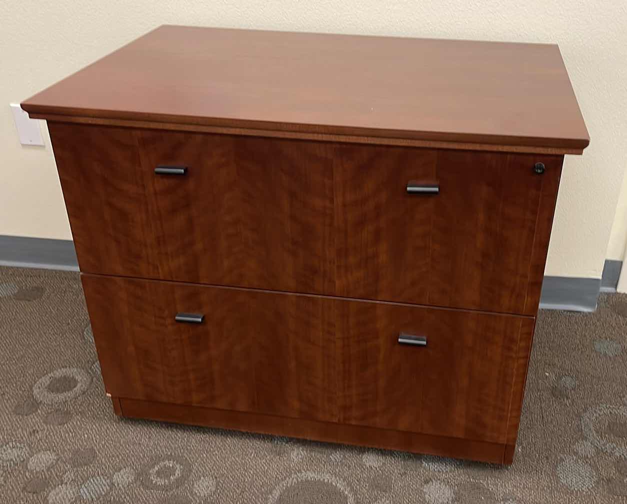 Photo 1 of WOODEN VEENER OFFICE TWO DRAWER LOCKING FILE CABINET DARK CHERRY 36” X 24 X H29”