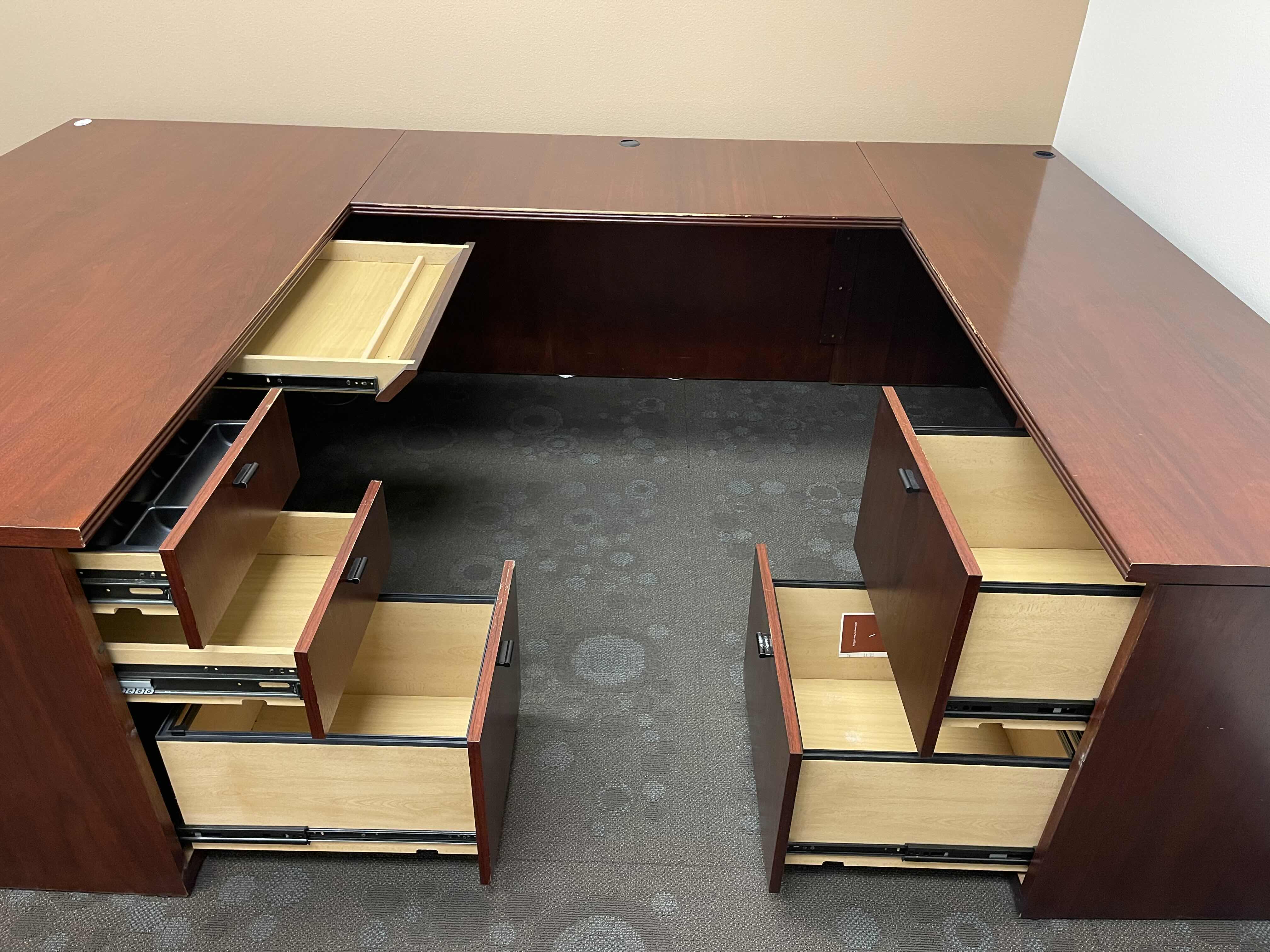 Photo 3 of NATIONAL WOODEN VENEER OFFICE U-DESK WITH DRAWERS DARK CHERRY 72” X 105” X 72” X H29”