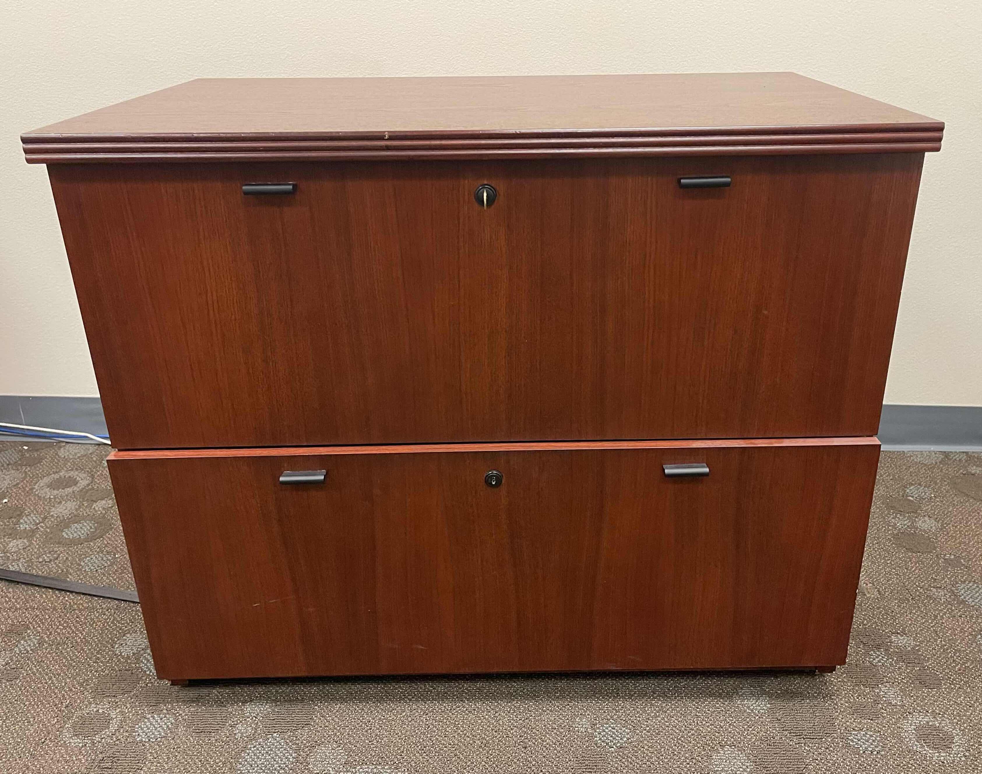 Photo 1 of NATIONAL TWO DRAWER LOCKING WOODEN VEENER FILE CABINET DARK CHERRY 35.5” X 21 X H29”