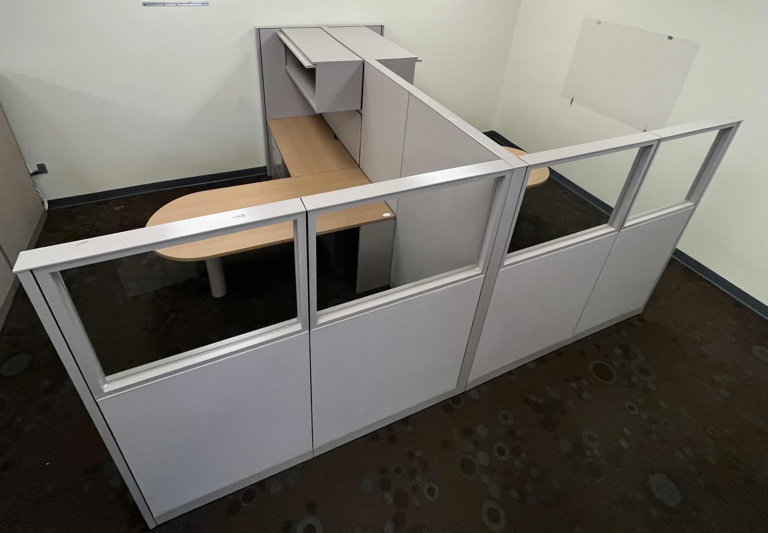 Photo 1 of CUBICLE DUAL OFFICE SET UP W 2 TABLES & 2 WALL CABINETS (OVERALL DIMENSIONS 138” X 122” H66.5”) READ NOTES