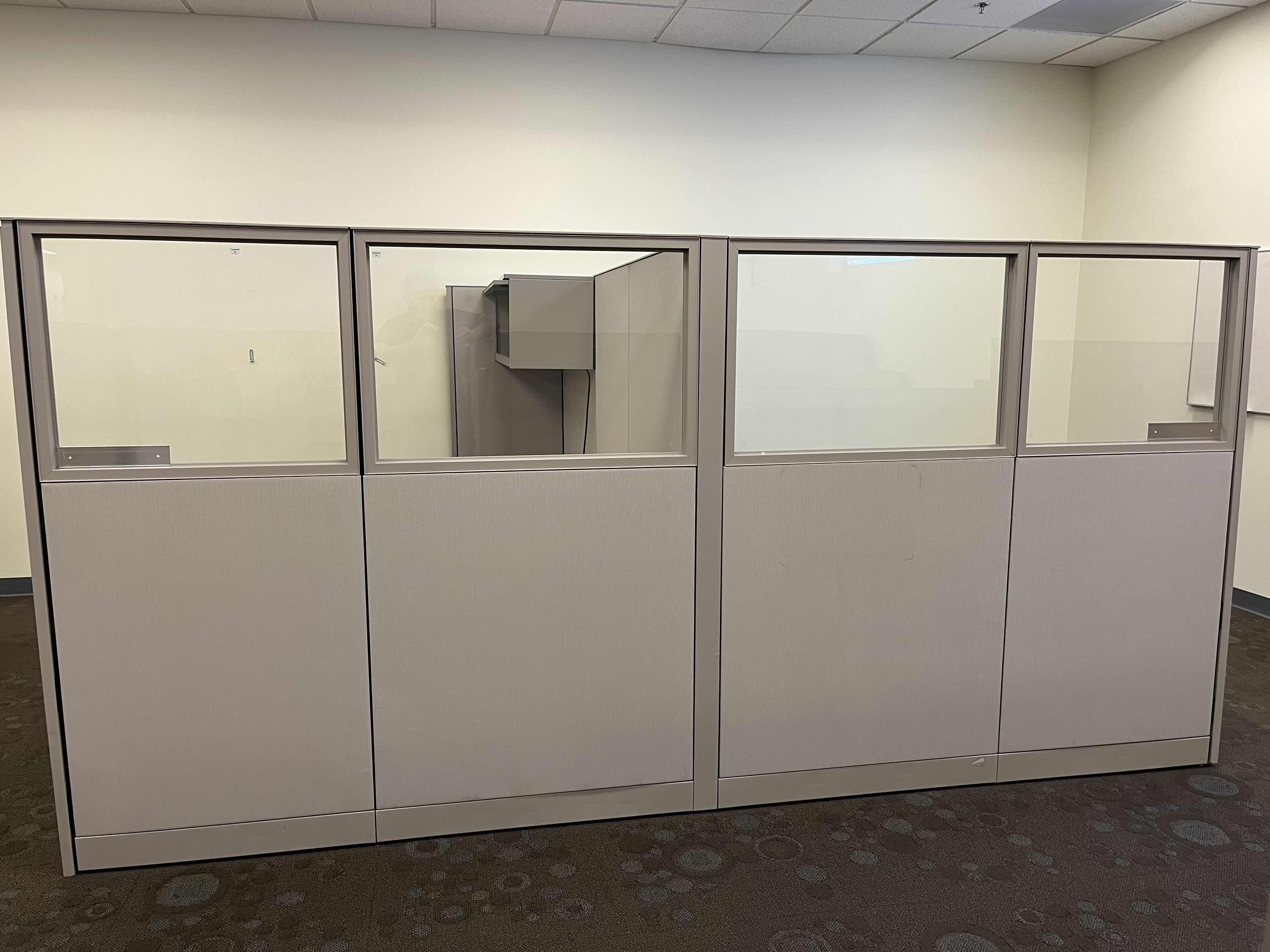 Photo 2 of CUBICLE DUAL OFFICE SET UP W 1 TABLE & 2 WALL CABINETS (OVERALL DIMENSIONS 138” X 122” H66.5”) READ NOTES