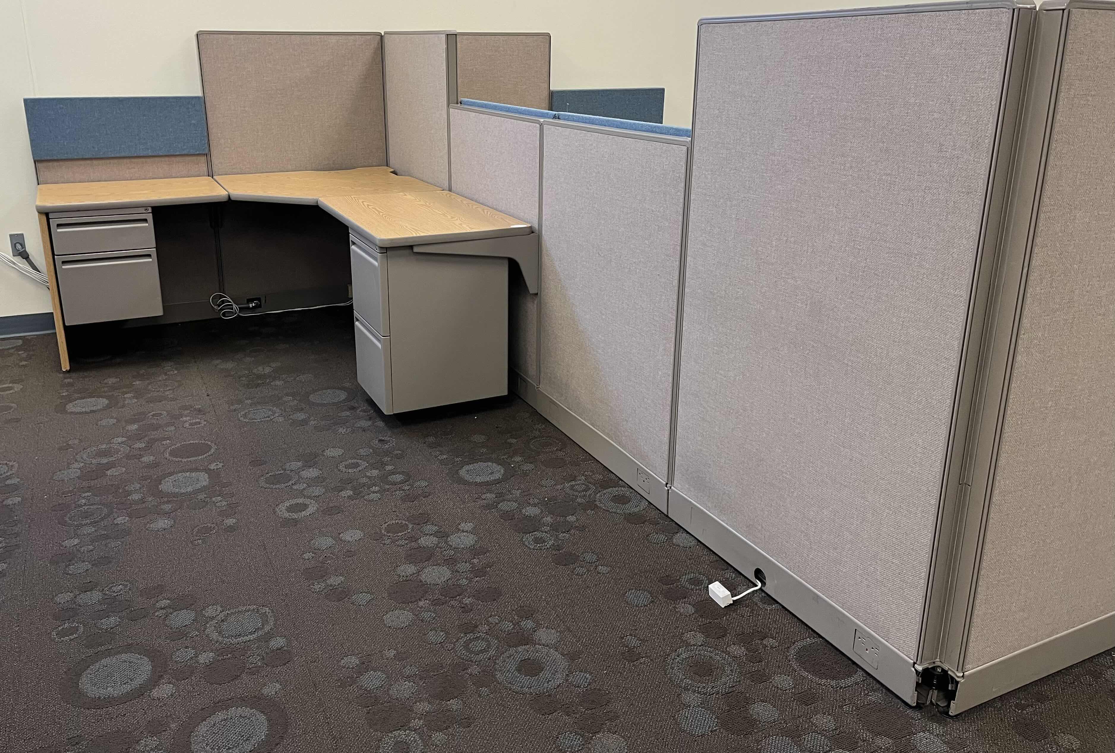 Photo 3 of HAWORTH BUILT IN CUBICLE L SHAPE OFFICE DESKS (3) W CUBICLE PANELS 
(OVERALL DIMENSIONS 151” X 135” H56”) READ NOTES