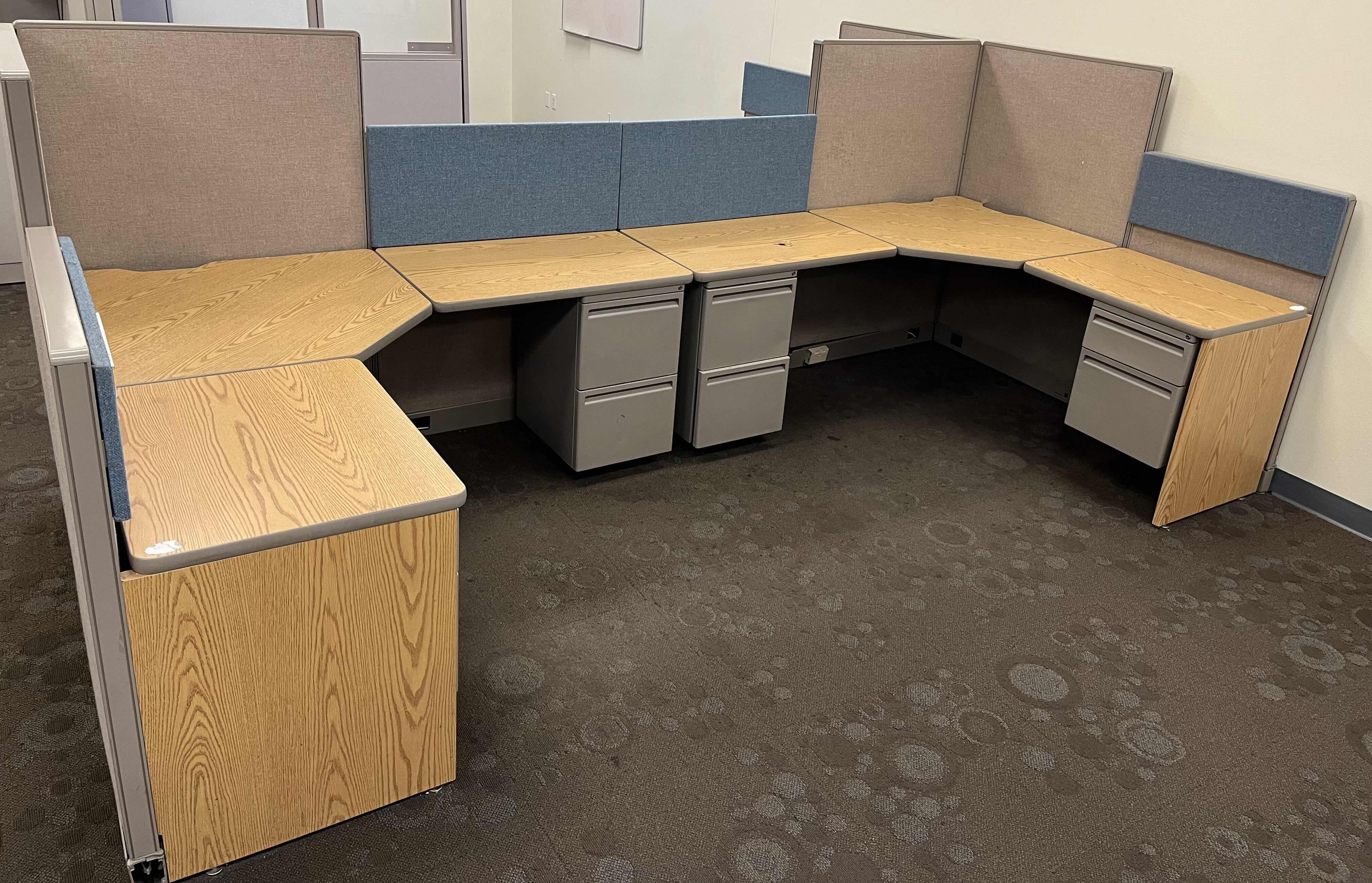 Photo 2 of HAWORTH BUILT IN CUBICLE L SHAPE OFFICE DESKS (3) W CUBICLE PANELS 
(OVERALL DIMENSIONS 151” X 135” H56”) READ NOTES