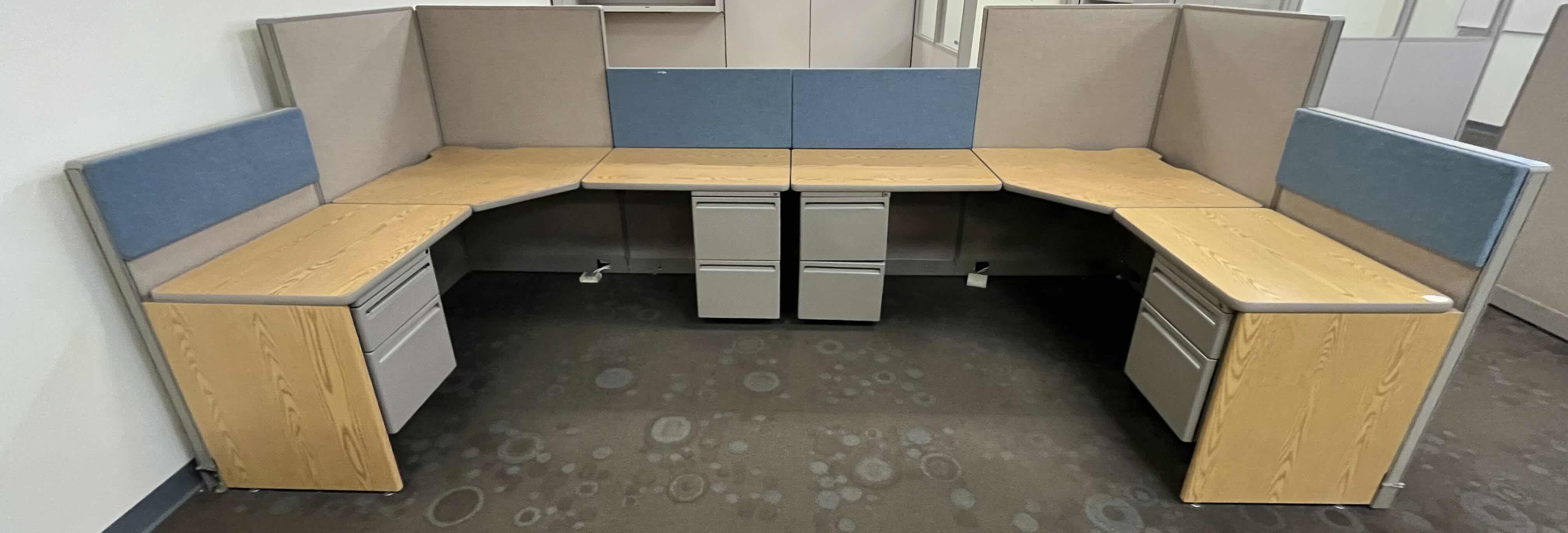 Photo 1 of HAWORTH BUILT IN CUBICLE L SHAPE OFFICE DESKS (2) W CUBICLE PANELS 
(OVERALL DIMENSIONS 151” X 68” H56”) READ NOTES
