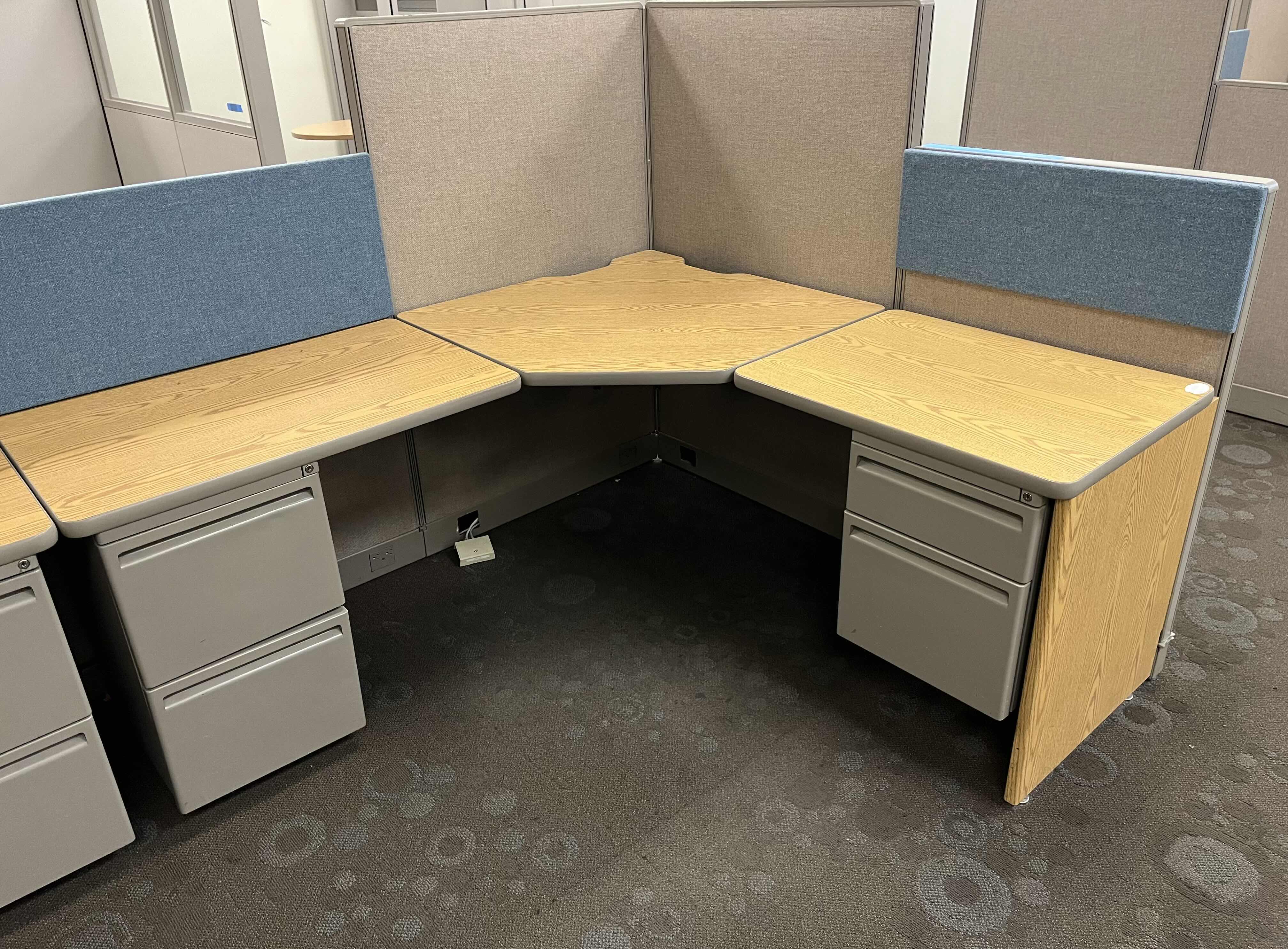 Photo 3 of HAWORTH BUILT IN CUBICLE L SHAPE OFFICE DESKS (2) W CUBICLE PANELS 
(OVERALL DIMENSIONS 151” X 68” H56”) READ NOTES