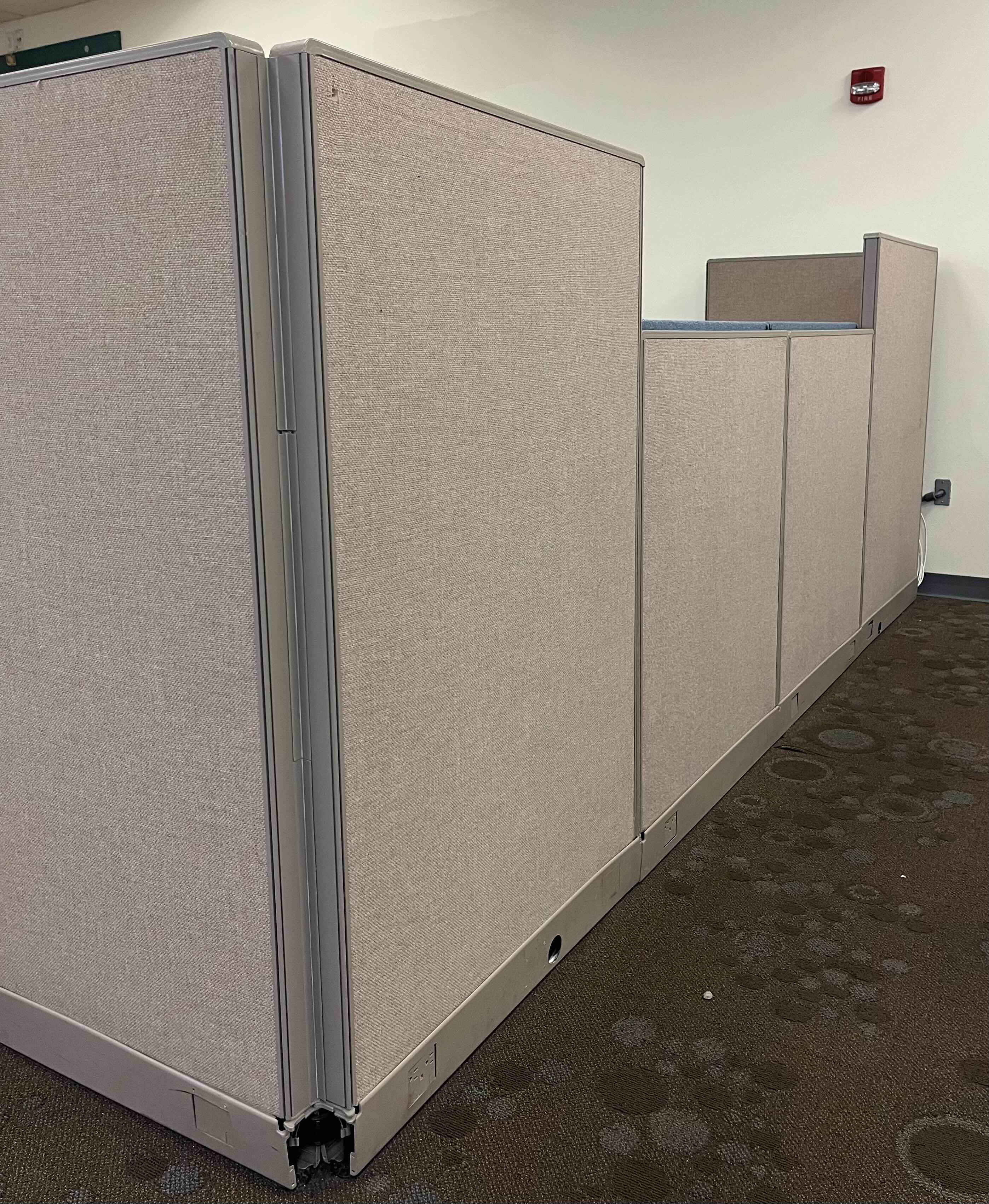 Photo 5 of HAWORTH BUILT IN CUBICLE L SHAPE OFFICE DESKS (2) W CUBICLE PANELS 
(OVERALL DIMENSIONS 151” X 68” H56”) READ NOTES