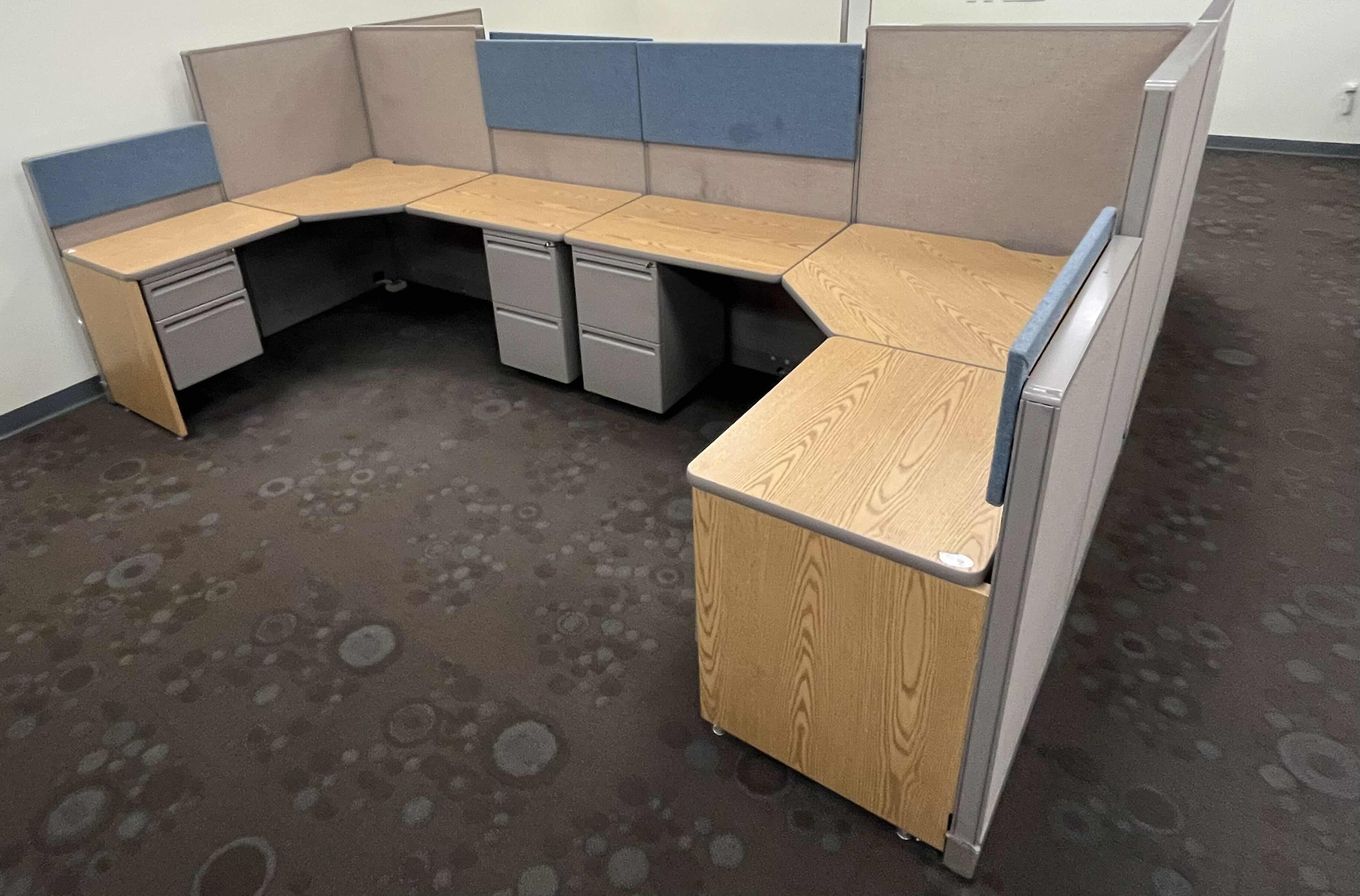 Photo 2 of HAWORTH BUILT IN CUBICLE L SHAPE OFFICE DESKS (4) W CUBICLE PANELS 
(OVERALL DIMENSIONS 151” X 135” H56”) READ NOTES