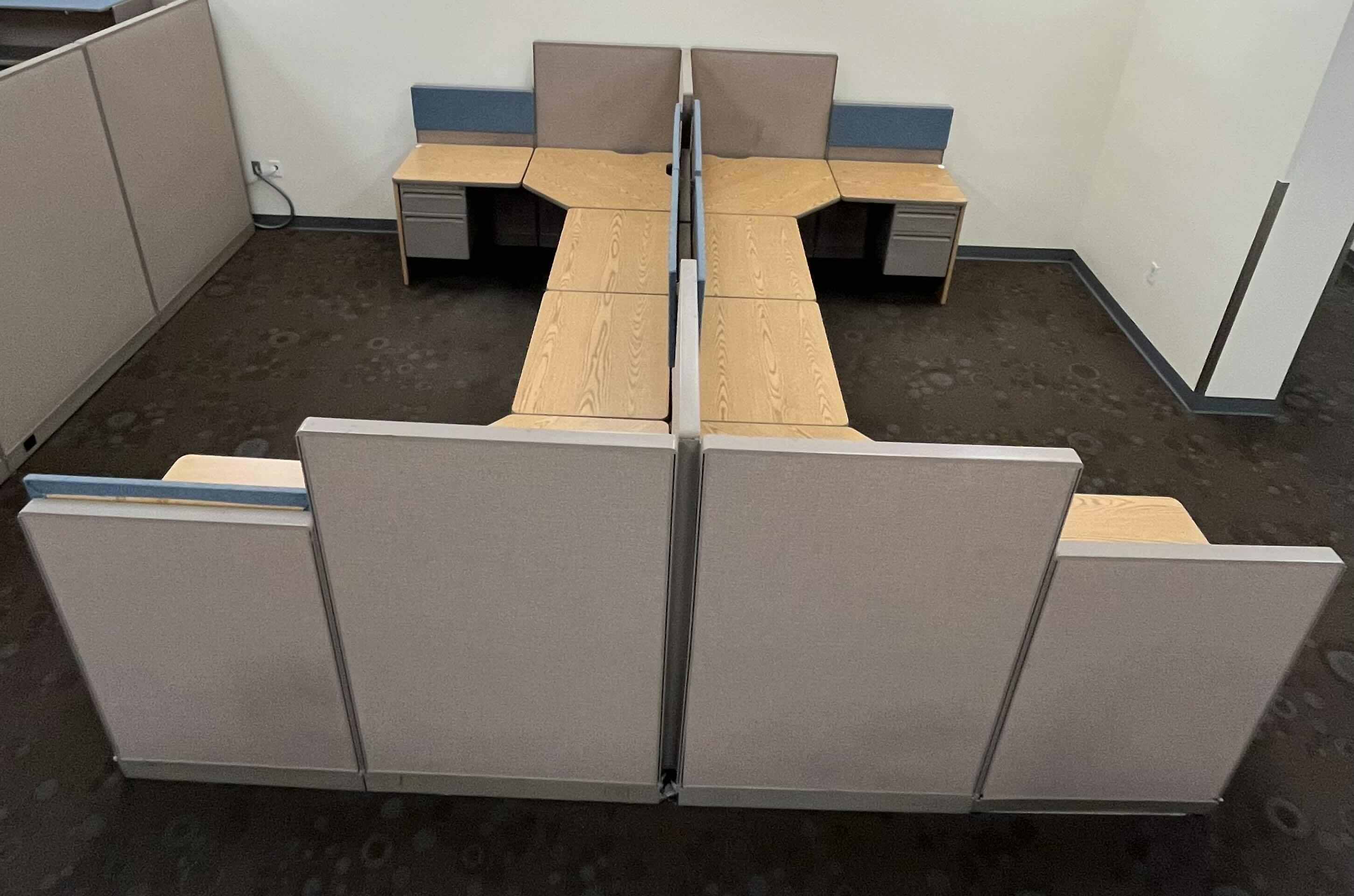 Photo 1 of HAWORTH BUILT IN CUBICLE L SHAPE OFFICE DESKS (4) W CUBICLE PANELS 
(OVERALL DIMENSIONS 151” X 135” H56”) READ NOTES